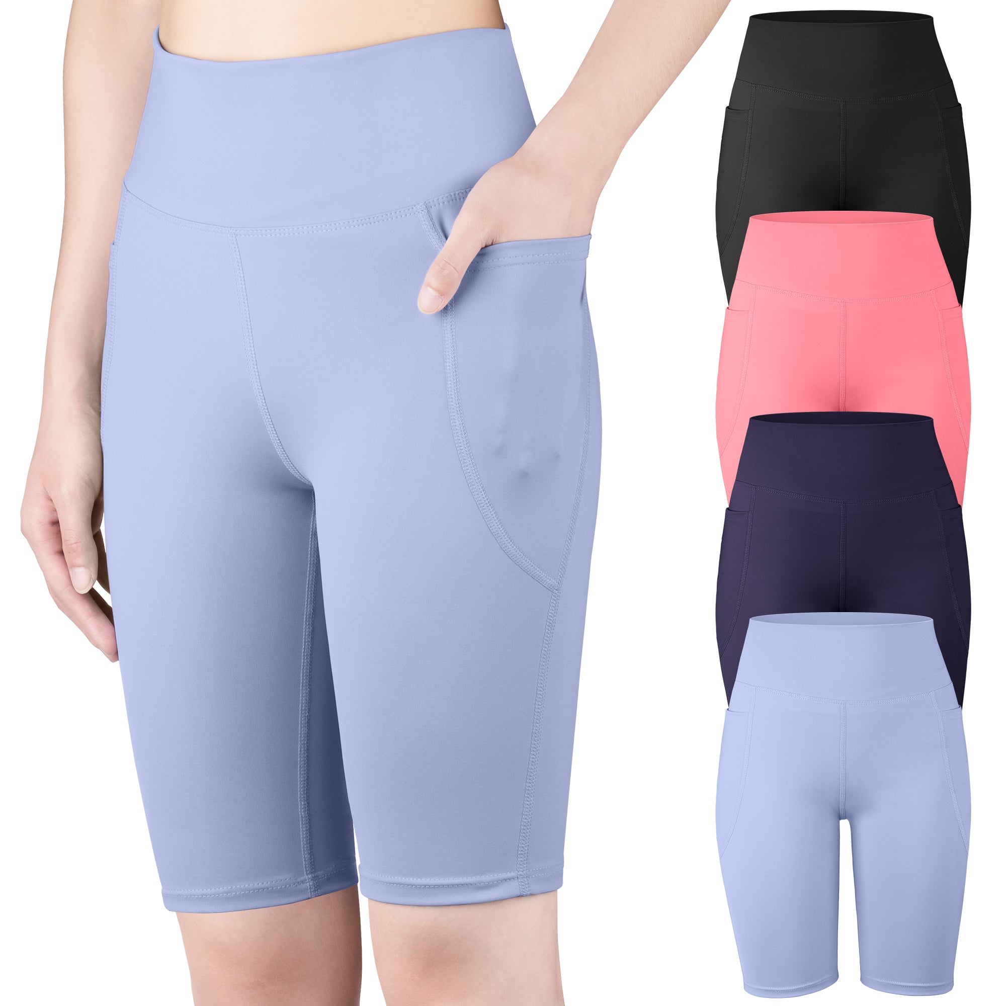 BIG ELEPHANT 4-Pack Girls' High-Waisted Compression Workout Shorts with Pockets. For Yoga, Dance, Running, Soccer. Sizes S-XXL