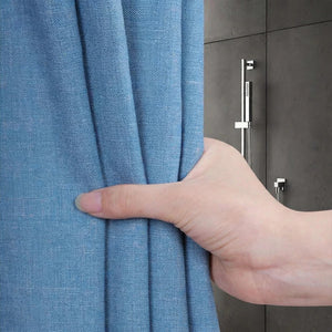 Close-up of linen-look fabric shower curtain texture in blue