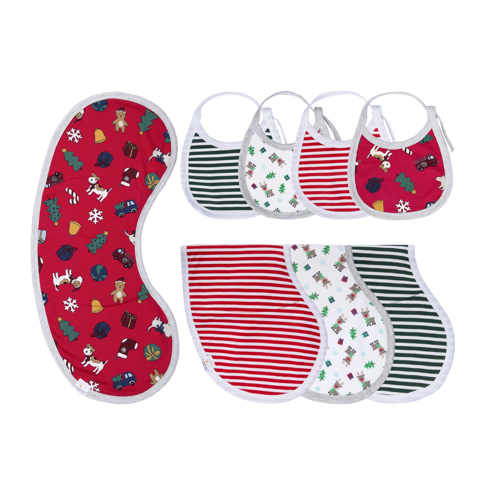 BIG ELEPHANT 4-Pack Baby Bibs and 4-Pack Burp Cloths with Christmas Designs – Soft and Absorbent Burp Rags for Boys and Girls