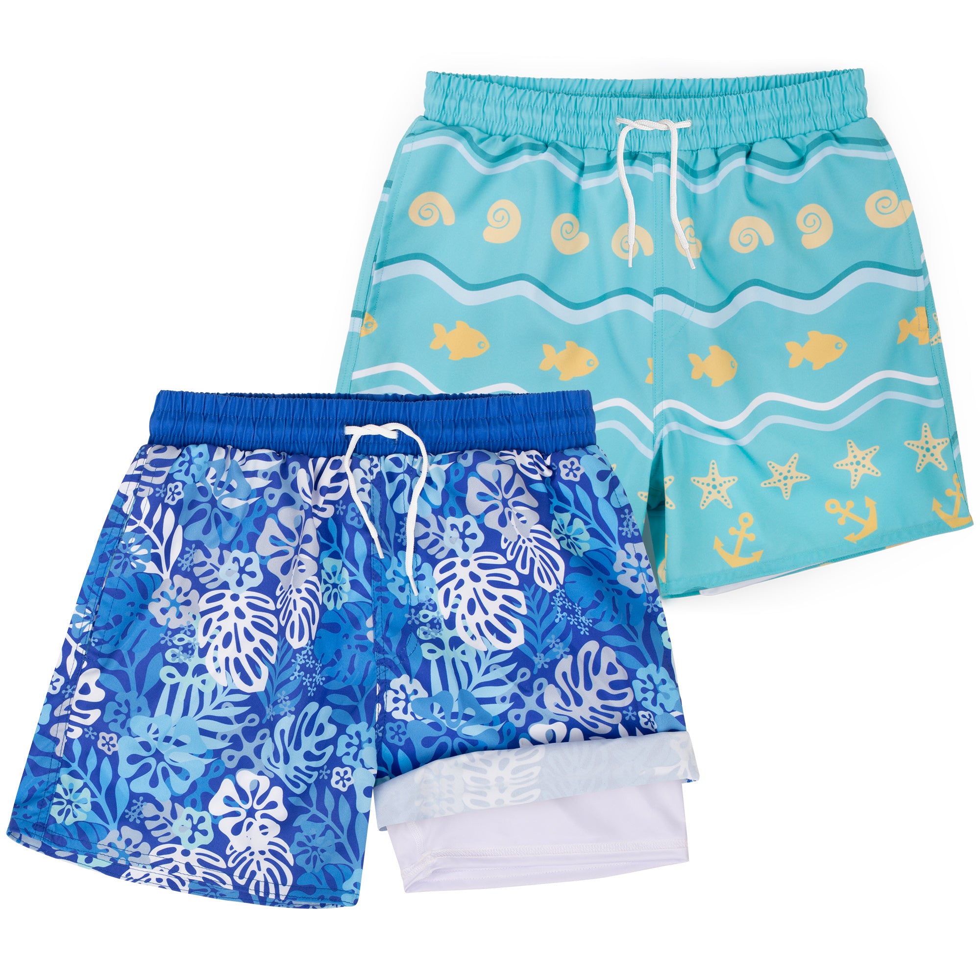 Big Elephant 2-Pack Boys' Swim Shorts with Built-in Compression Liner, Quick-Dry Fabric (Ages 6-13 Years)