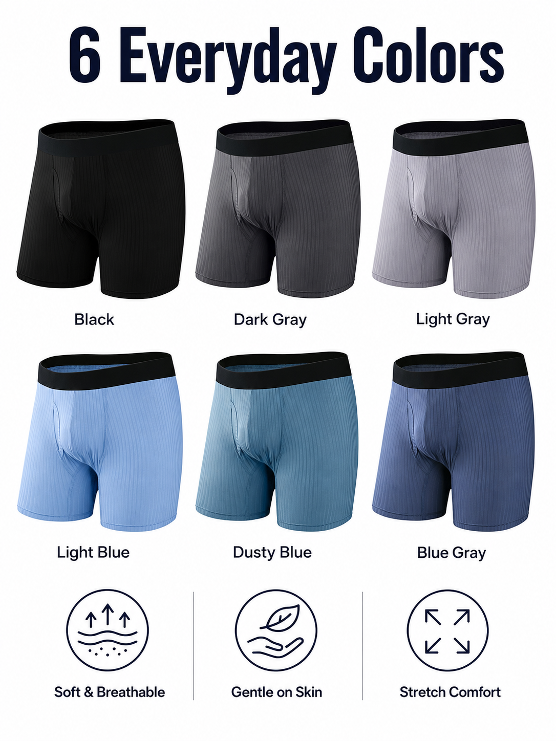 Men’s Boxer Briefs 6 Pack, Soft Stretch Trunks with Wide Waistband and Front Fly