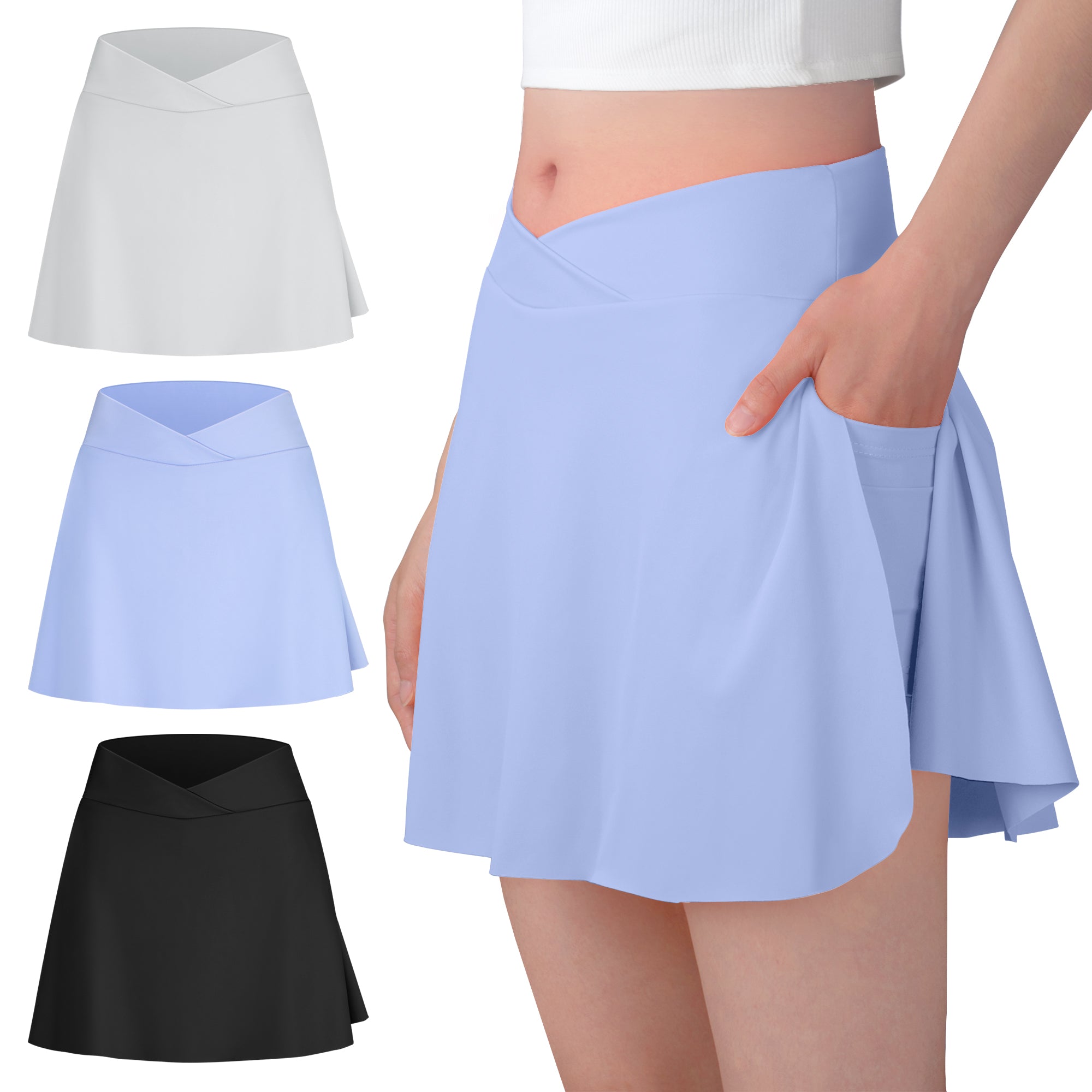 BIG ELEPHANT 3-Pack Girls' Athletic Skorts - Built-in Shorts Liner, Side Pockets & Elastic Waist for Sports, Dance, School (XS-XL)