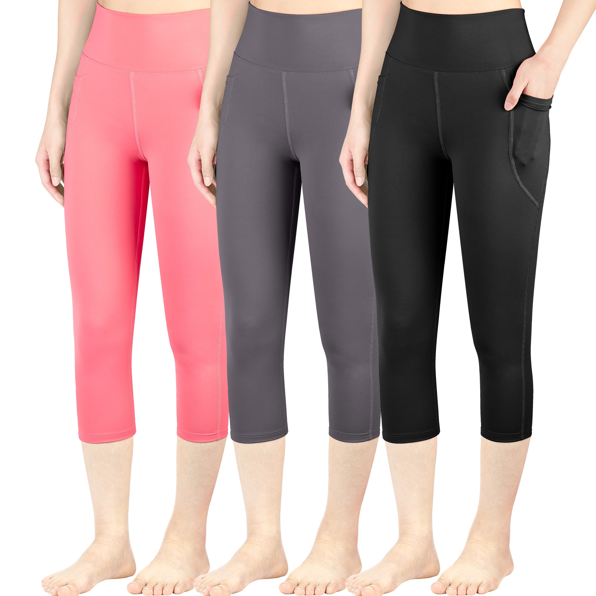 BIG ELEPHANT 3-Pack High-Waist Capri Leggings for Girls with Side Pockets - Ideal for Running, Dance & Fitness, Sizes S-XXL