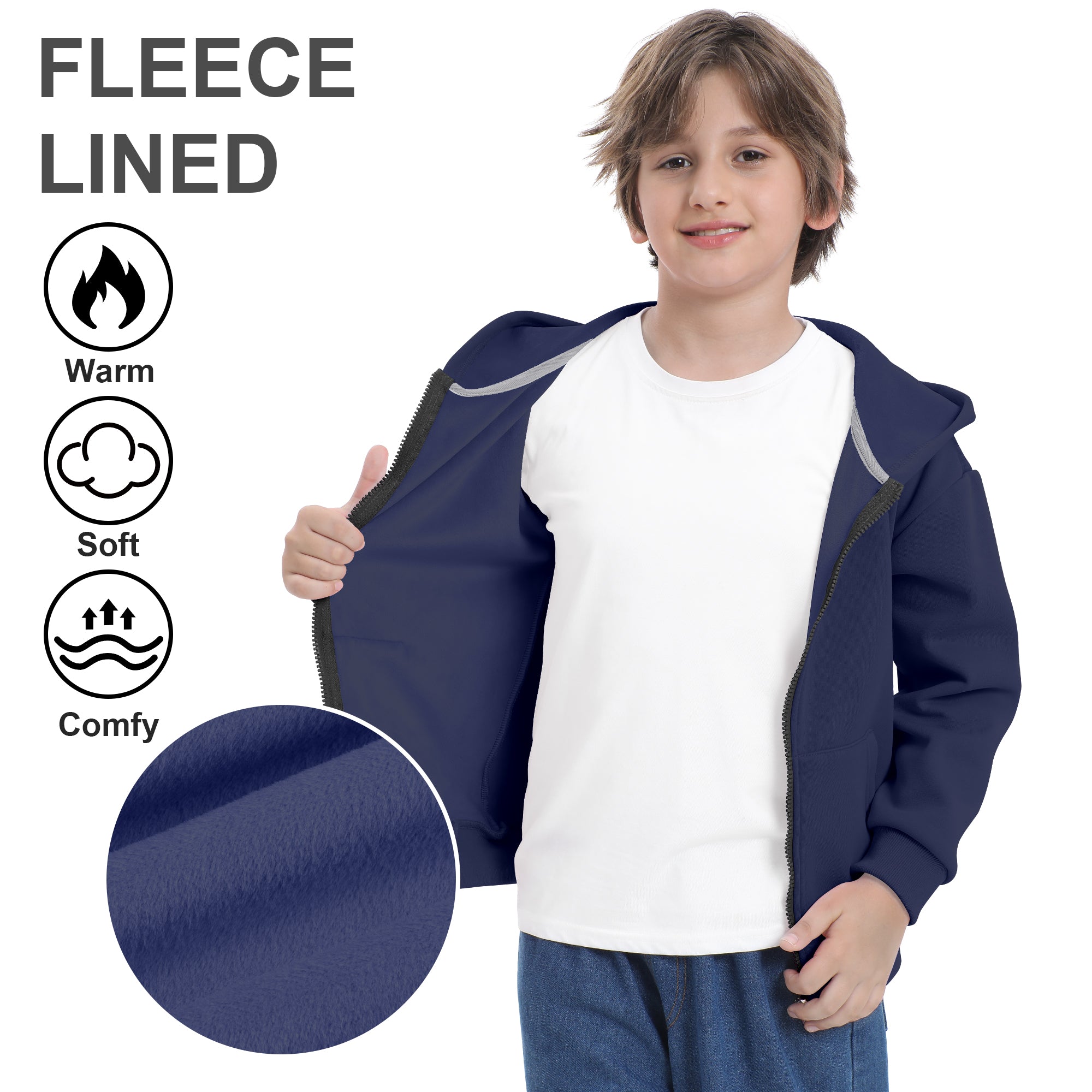 BIG ELEPHANT Boys' and Girls' Zip-Up Hoodie with Pockets, Fleece-Lined Soft Cotton Jacket for School