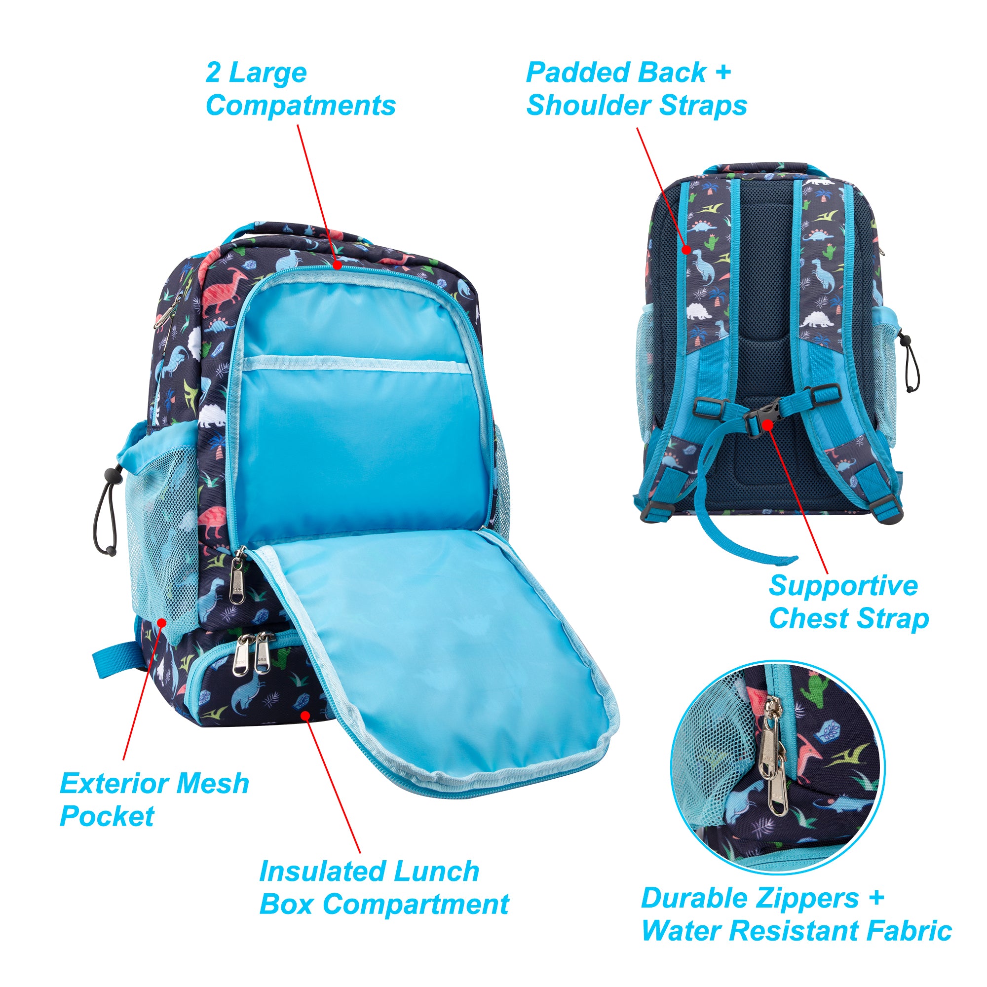 Kids 2-in-1 Backpack and Insulated Lunch Bag – 16” Durable Backpack with Lunchbox in Fun Prints for School and Travel – Water-Resistant, Padded, and Spacious Compartments (Dinosaur Design)
