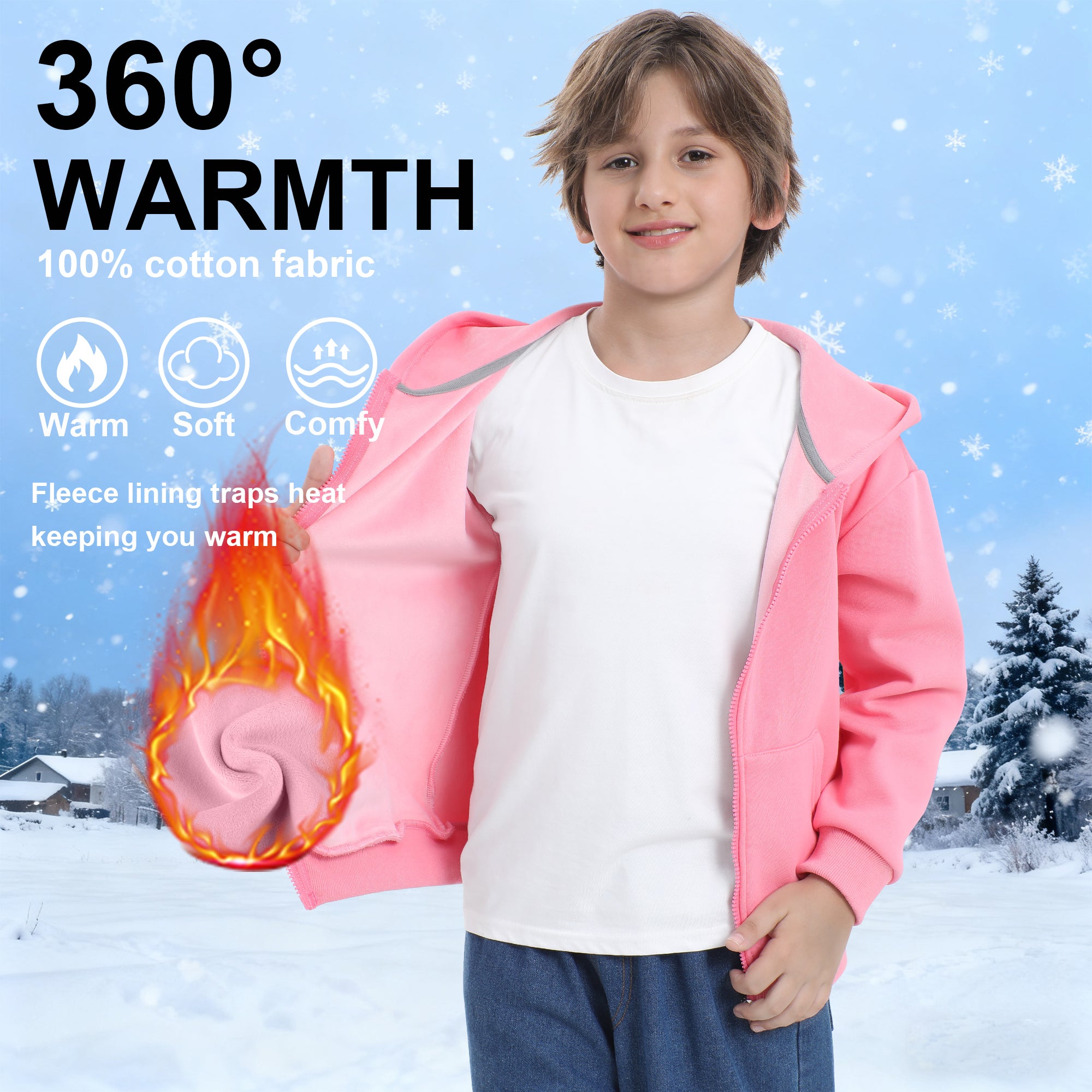 BIG ELEPHANT Boys' and Girls' Zip-Up Hoodie with Pockets, Fleece-Lined Soft Cotton Jacket for School