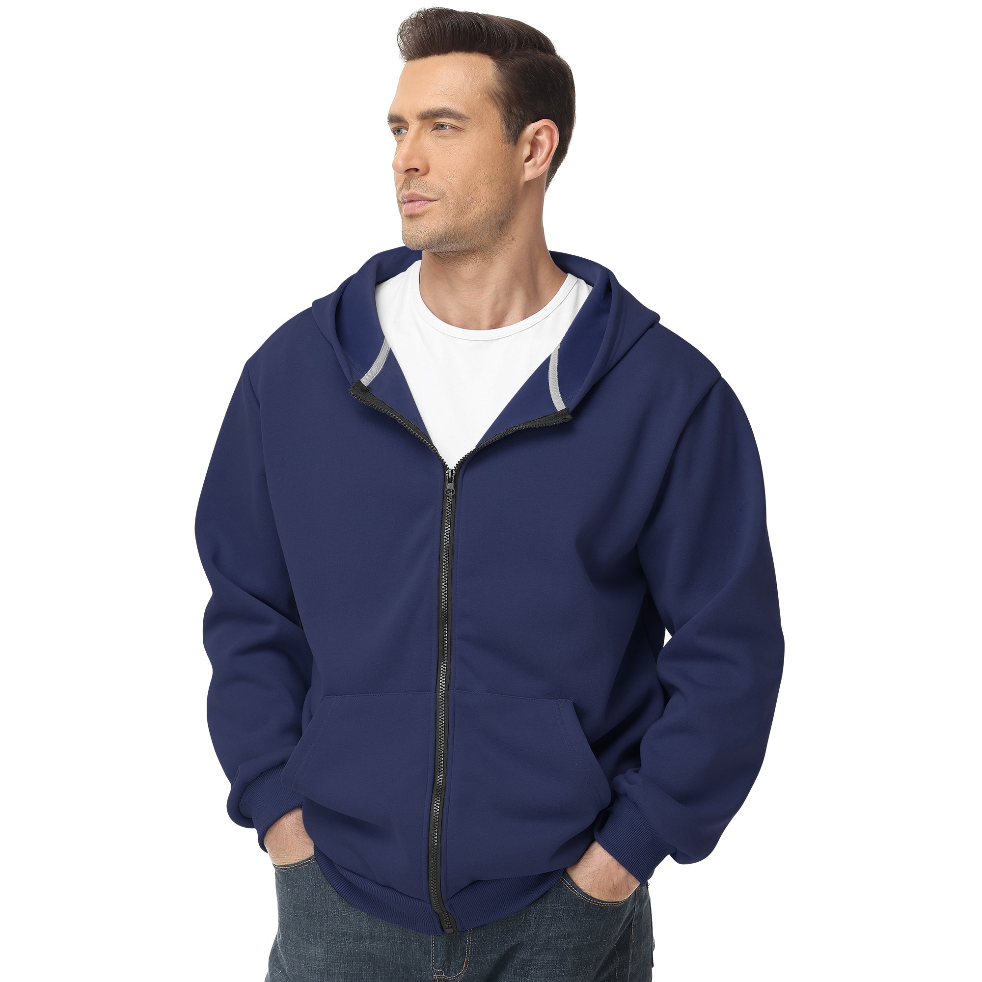 Men's Zip-Up Hoodie – 100% Cotton Fleece-Lined Sweatshirt with Pocket, Perfect for Daily Commuting and Outdoor Activities