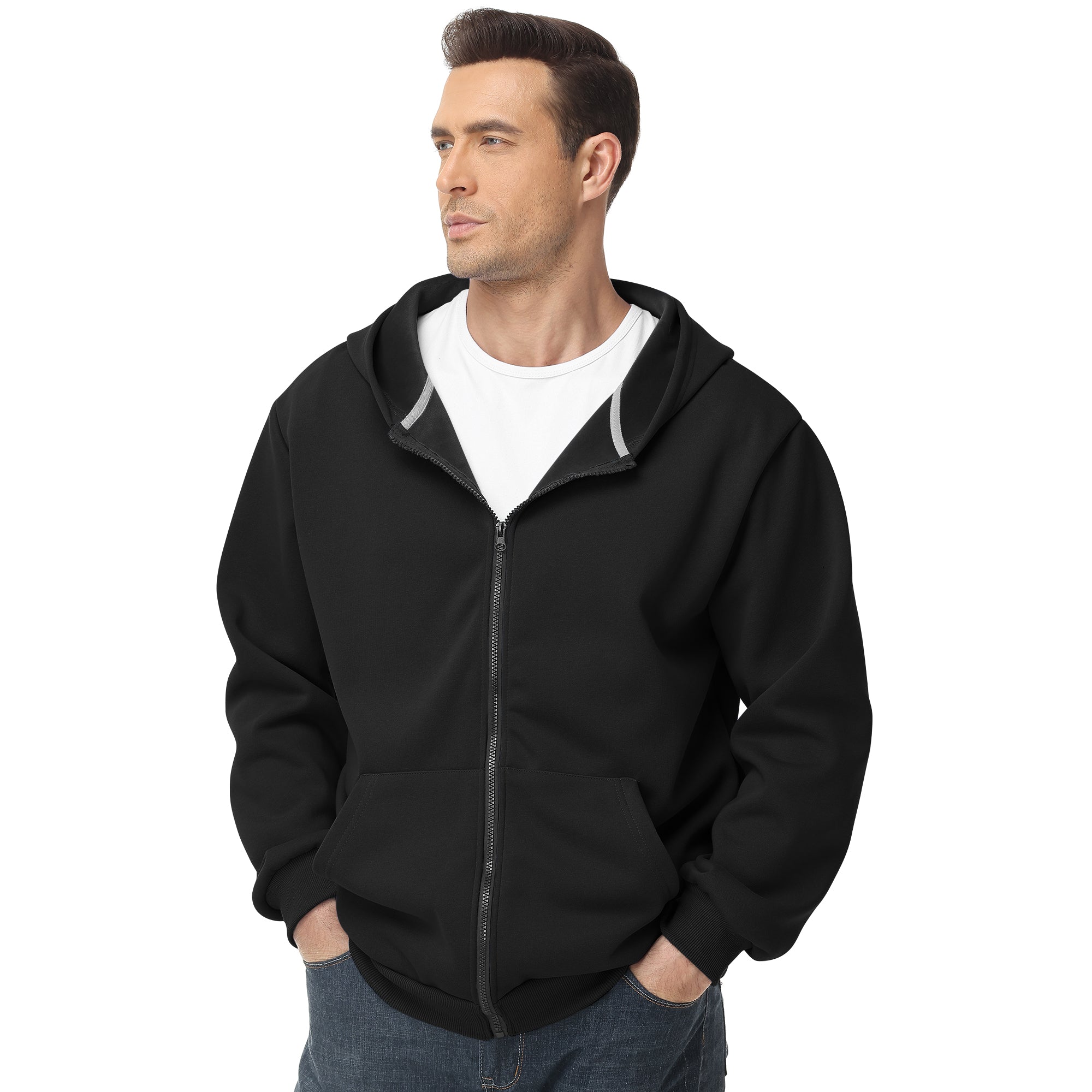 Men's Zip-Up Hoodie – 100% Cotton Fleece-Lined Sweatshirt with Pocket, Perfect for Daily Commuting and Outdoor Activities