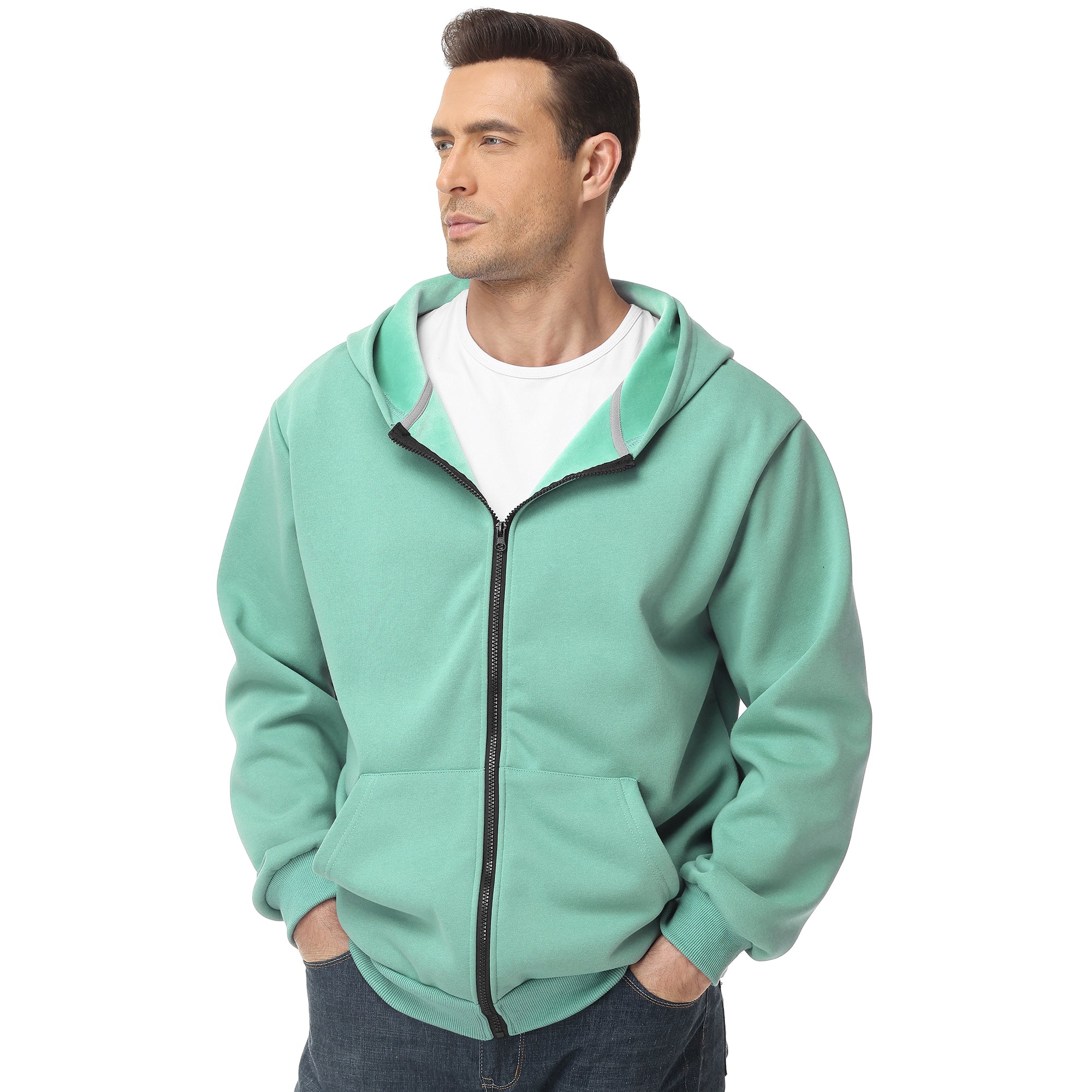 Men's Zip-Up Hoodie – 100% Cotton Fleece-Lined Sweatshirt with Pocket, Perfect for Daily Commuting and Outdoor Activities