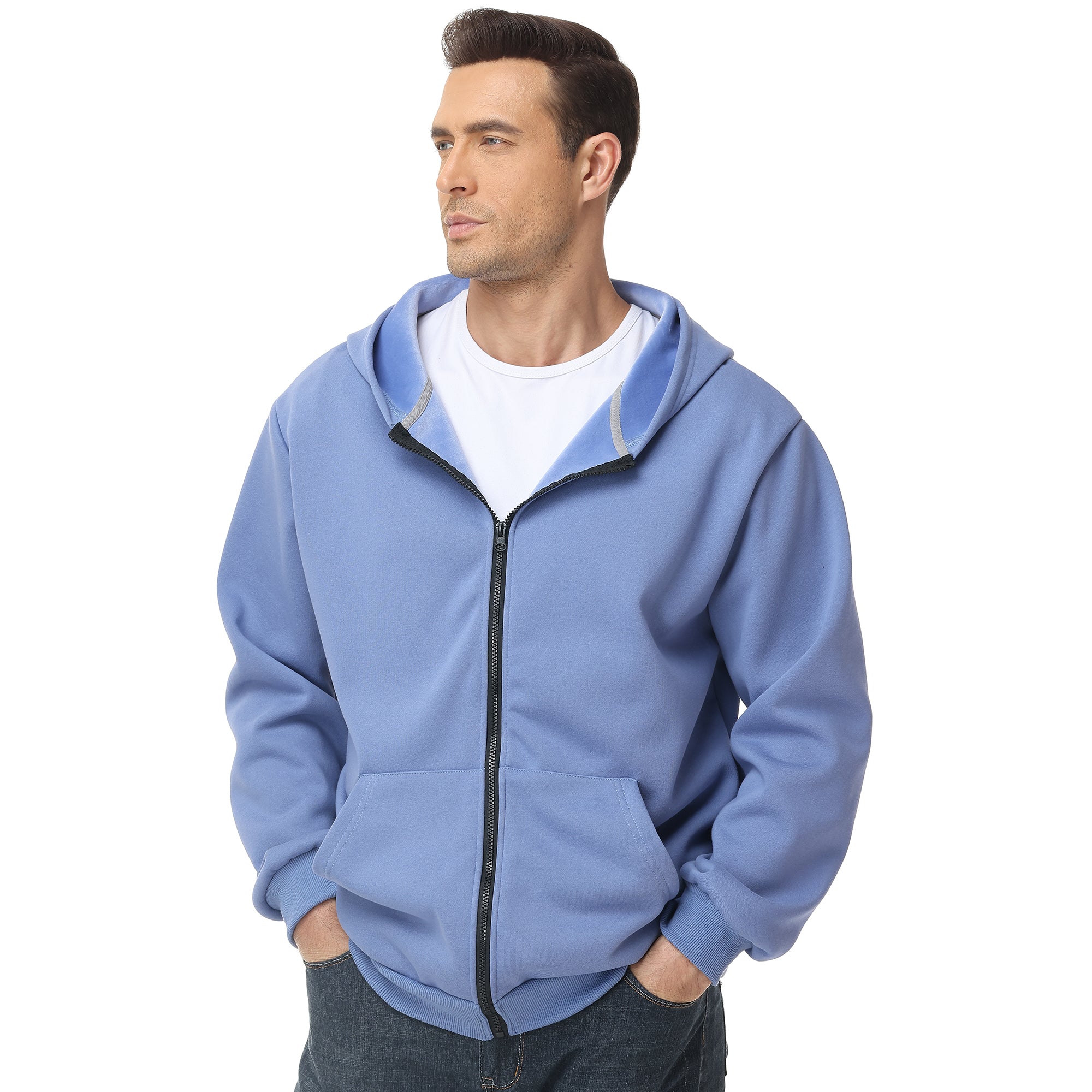 Men's Zip-Up Hoodie – 100% Cotton Fleece-Lined Sweatshirt with Pocket, Perfect for Daily Commuting and Outdoor Activities