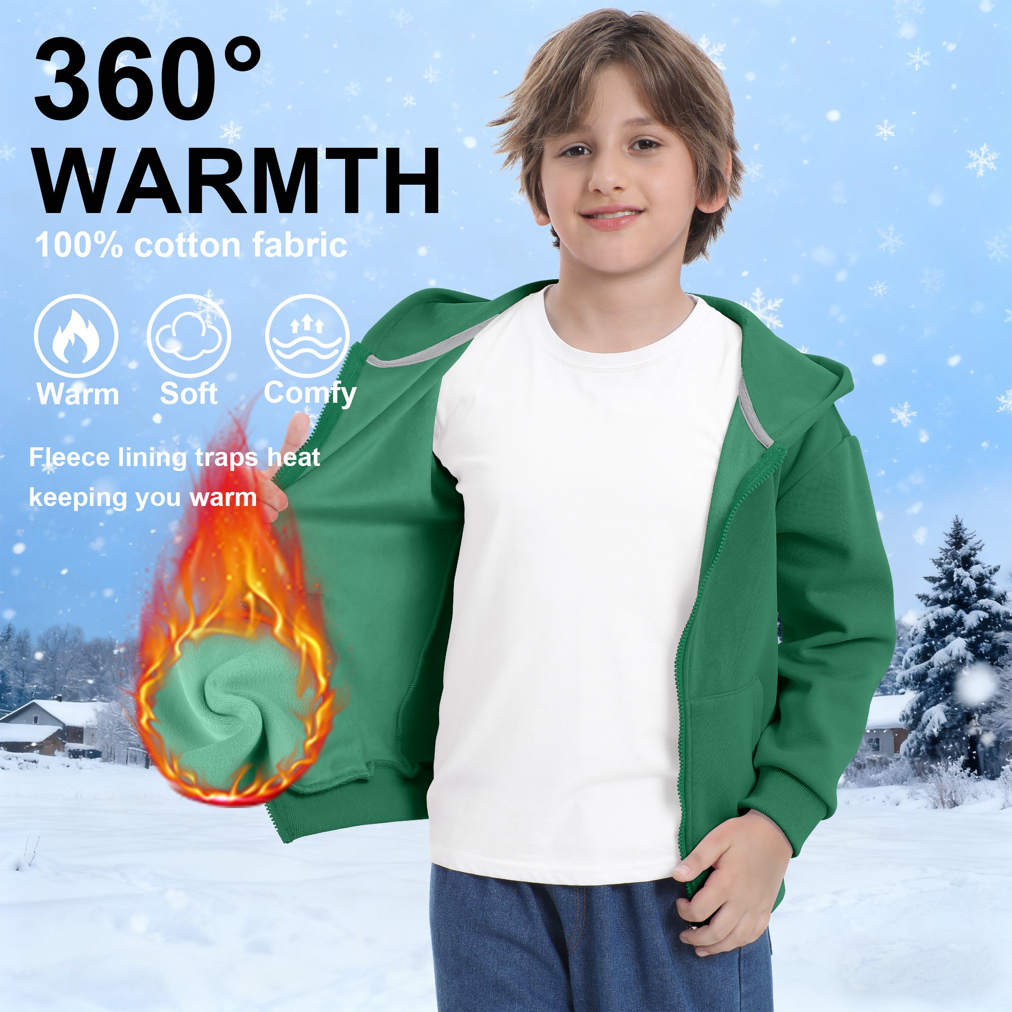 BIG ELEPHANT Boys' and Girls' Zip-Up Hoodie with Pockets, Fleece-Lined Soft Cotton Jacket for School