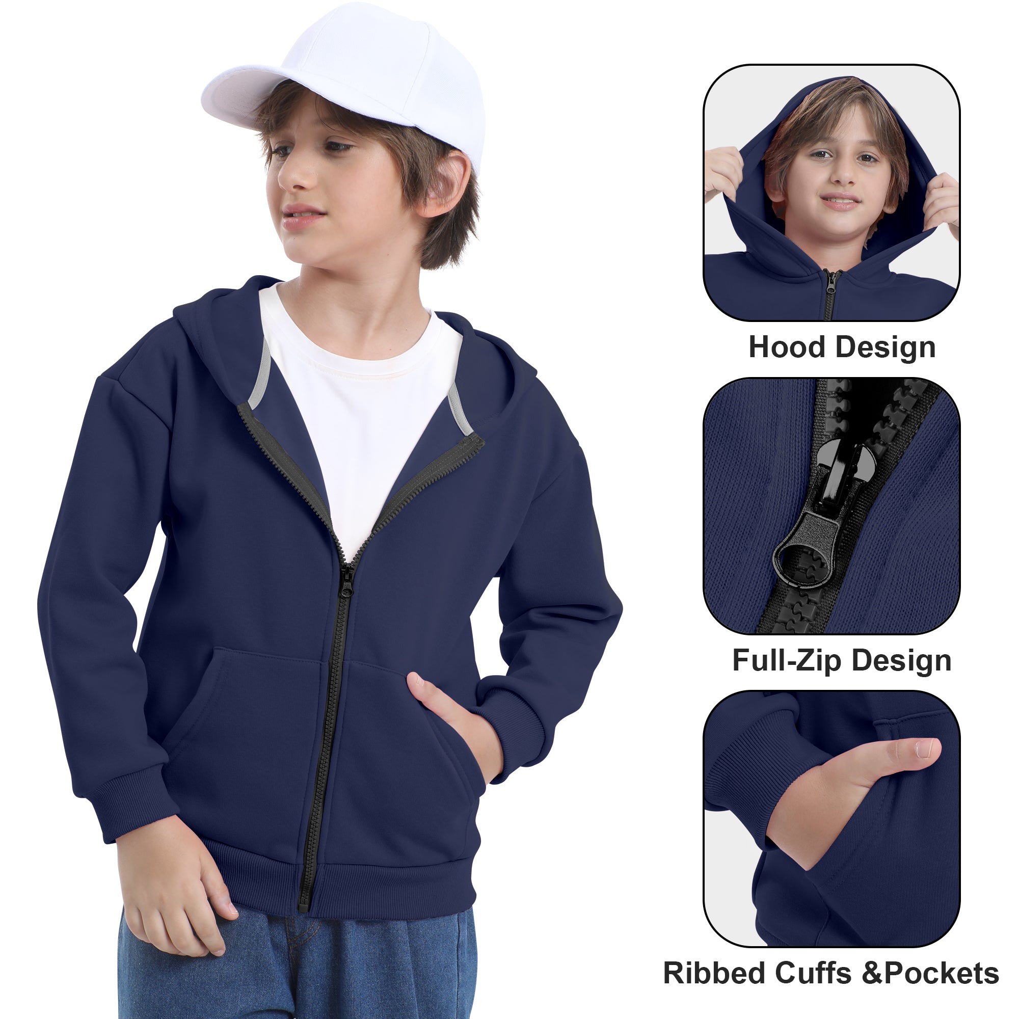 BIG ELEPHANT Boys' and Girls' Zip-Up Hoodie with Pockets, Fleece-Lined Soft Cotton Jacket for School