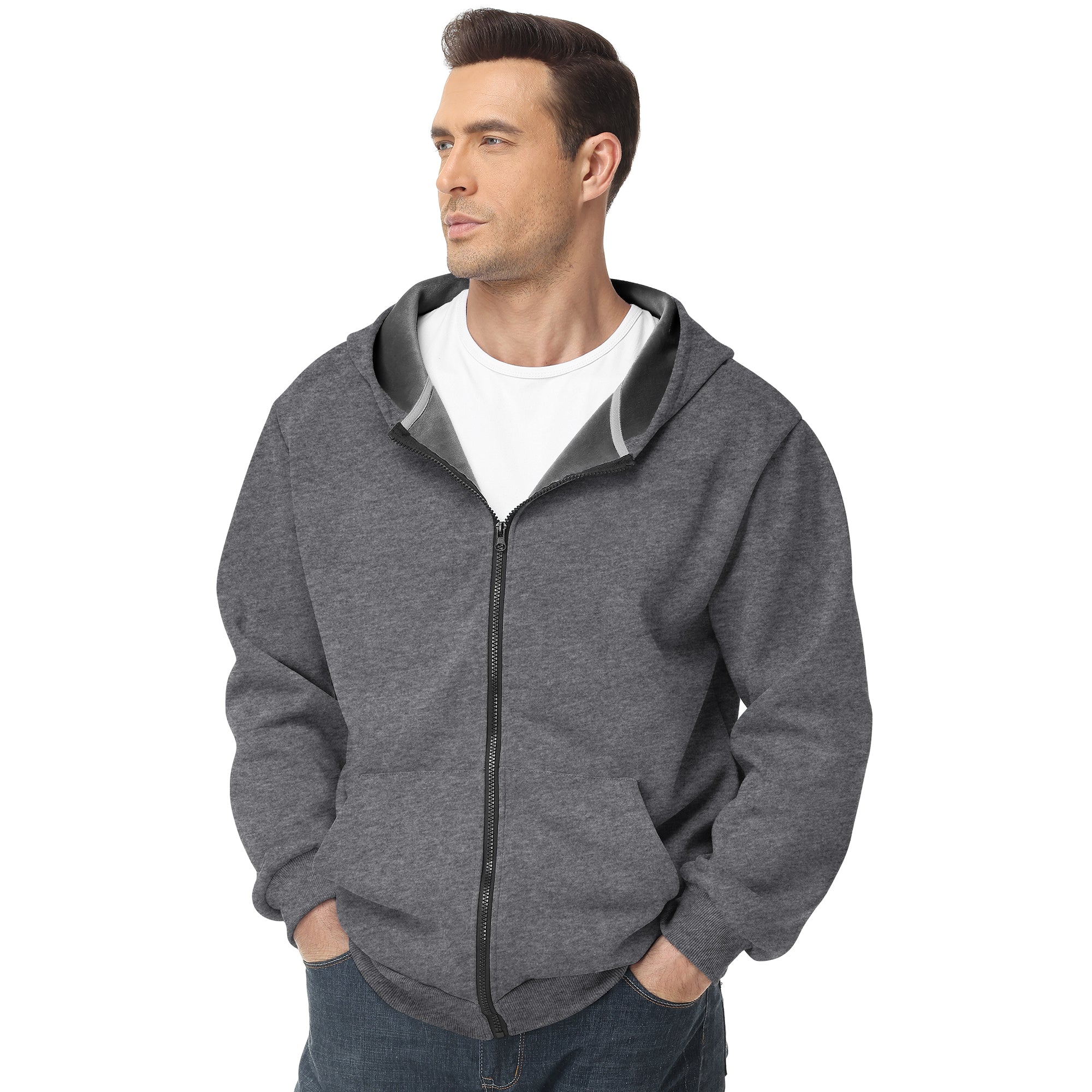 Men's Zip-Up Hoodie – 100% Cotton Fleece-Lined Sweatshirt with Pocket, Perfect for Daily Commuting and Outdoor Activities