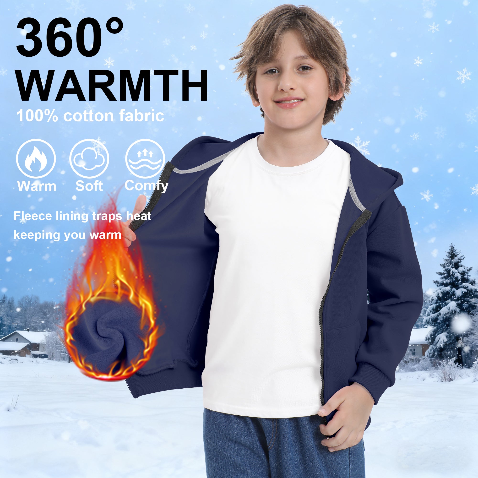 BIG ELEPHANT Boys' and Girls' Zip-Up Hoodie with Pockets, Fleece-Lined Soft Cotton Jacket for School