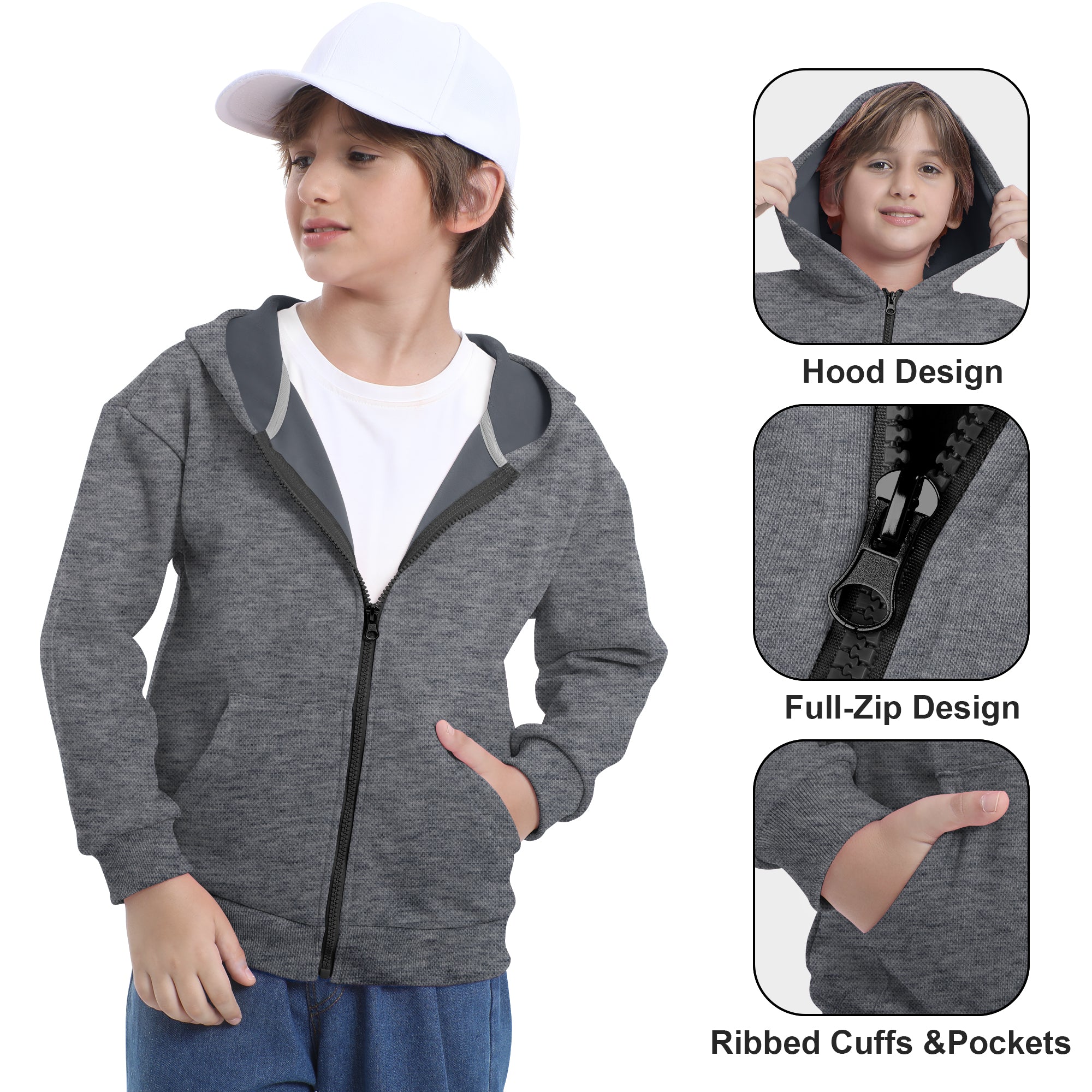 BIG ELEPHANT Boys' and Girls' Zip-Up Hoodie with Pockets, Fleece-Lined Soft Cotton Jacket for School
