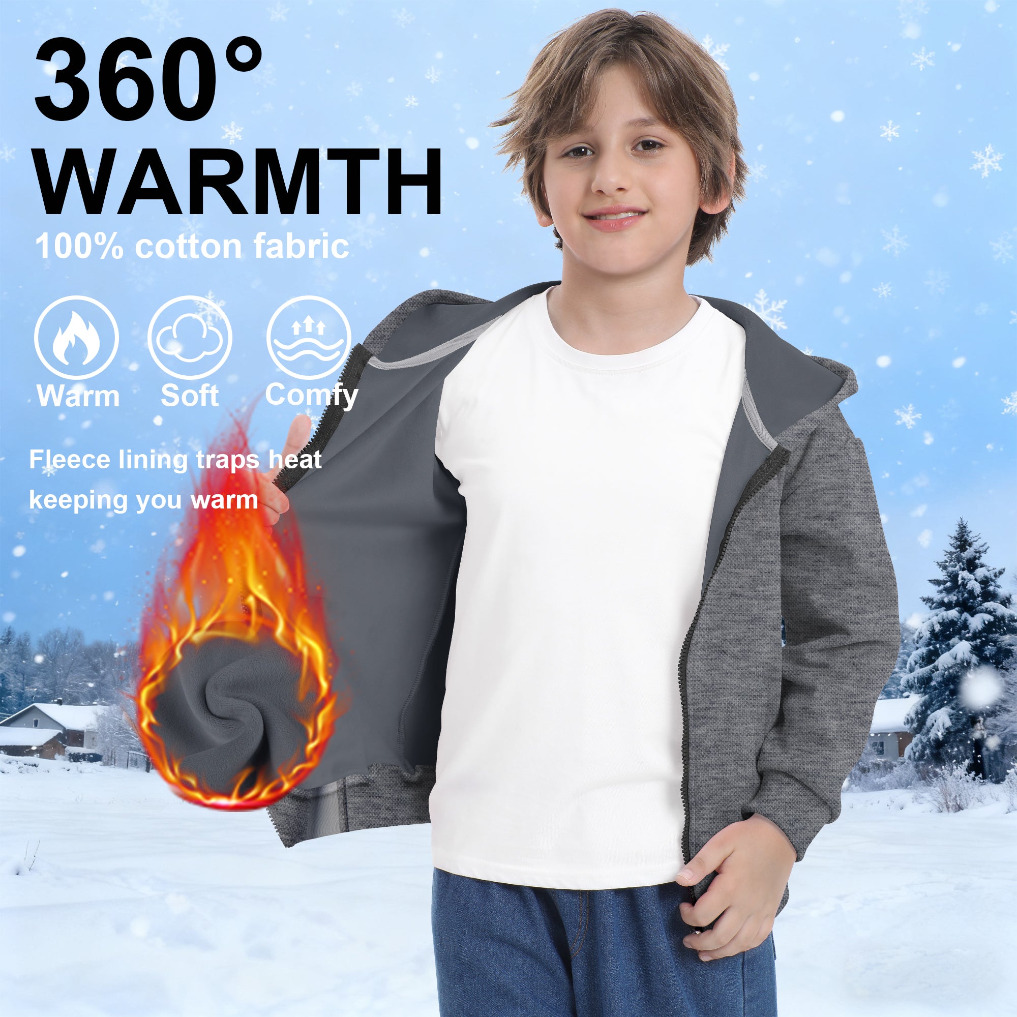 BIG ELEPHANT Boys' and Girls' Zip-Up Hoodie with Pockets, Fleece-Lined Soft Cotton Jacket for School