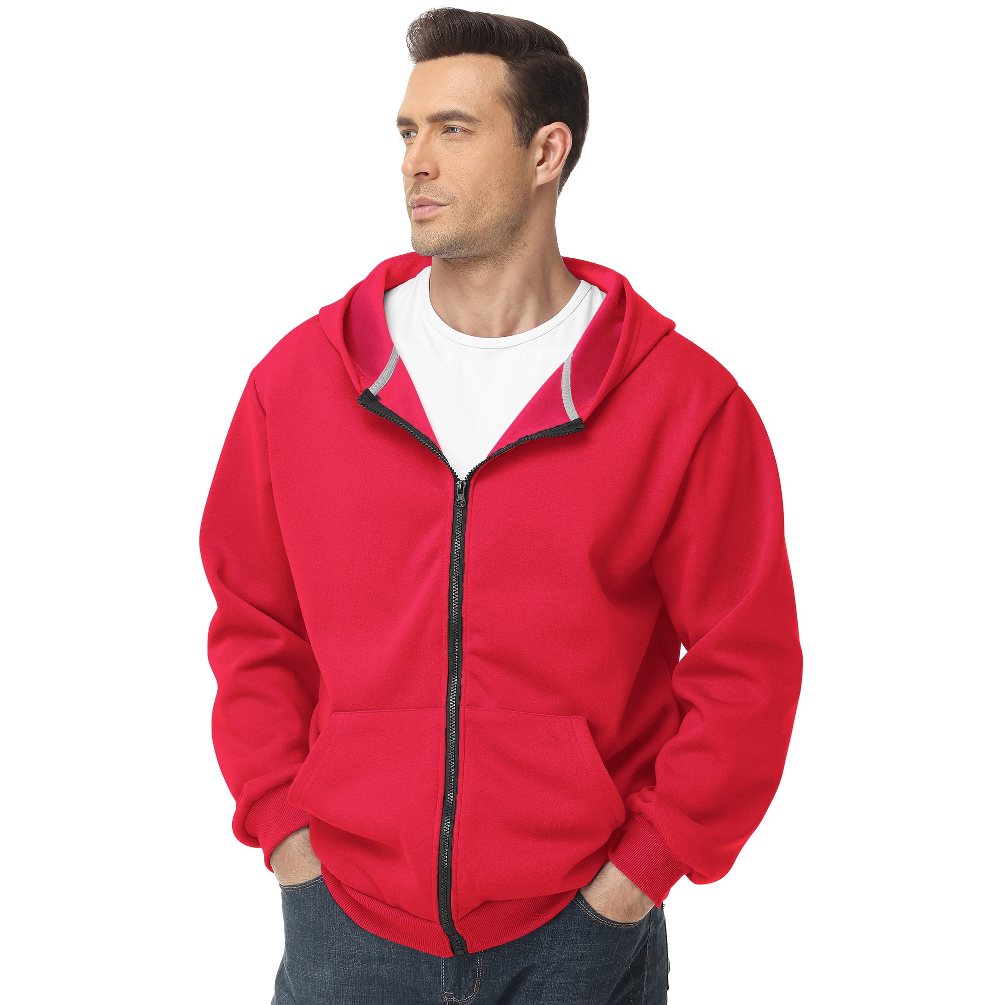 Men's Zip-Up Hoodie – 100% Cotton Fleece-Lined Sweatshirt with Pocket, Perfect for Daily Commuting and Outdoor Activities