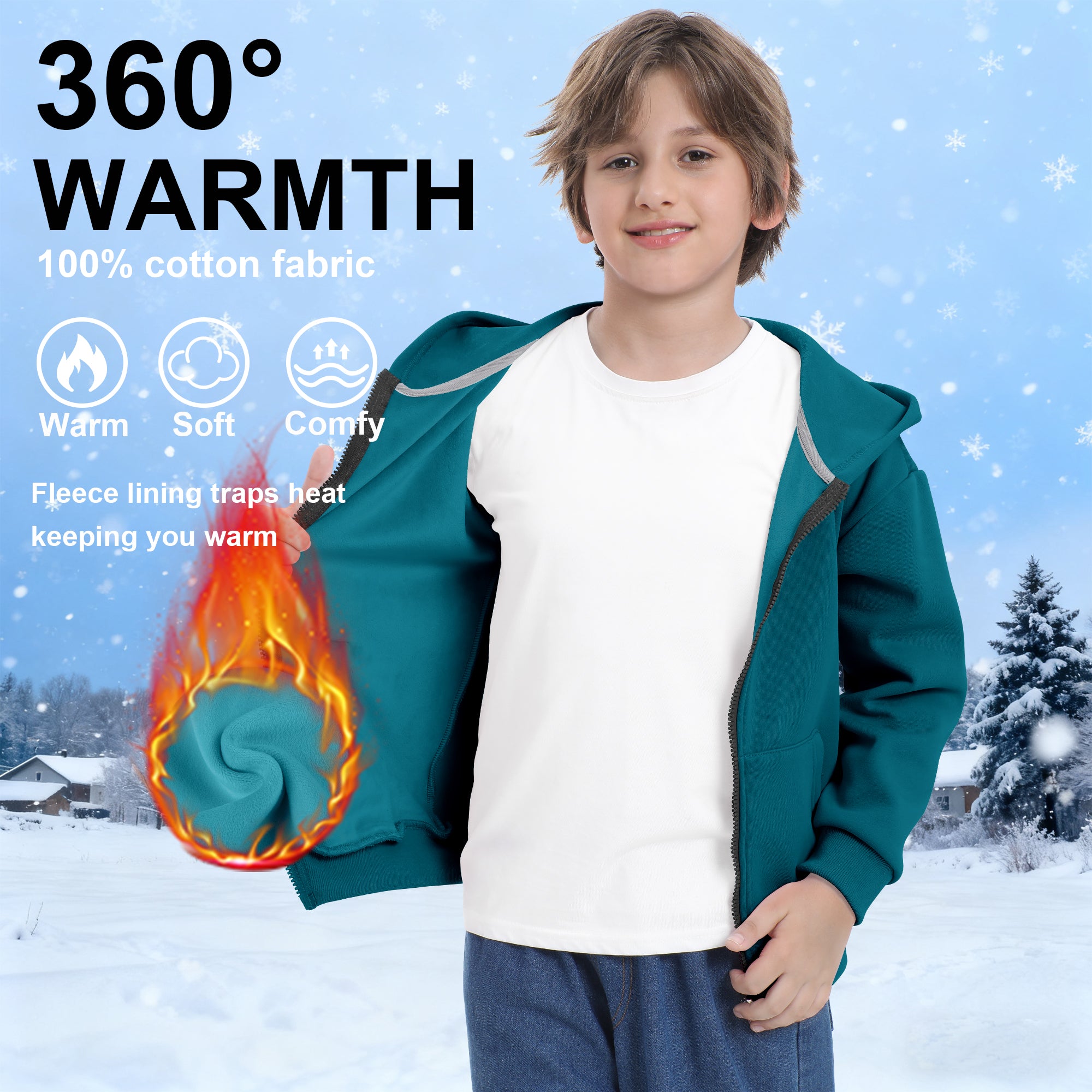 BIG ELEPHANT Boys' and Girls' Zip-Up Hoodie with Pockets, Fleece-Lined Soft Cotton Jacket for School