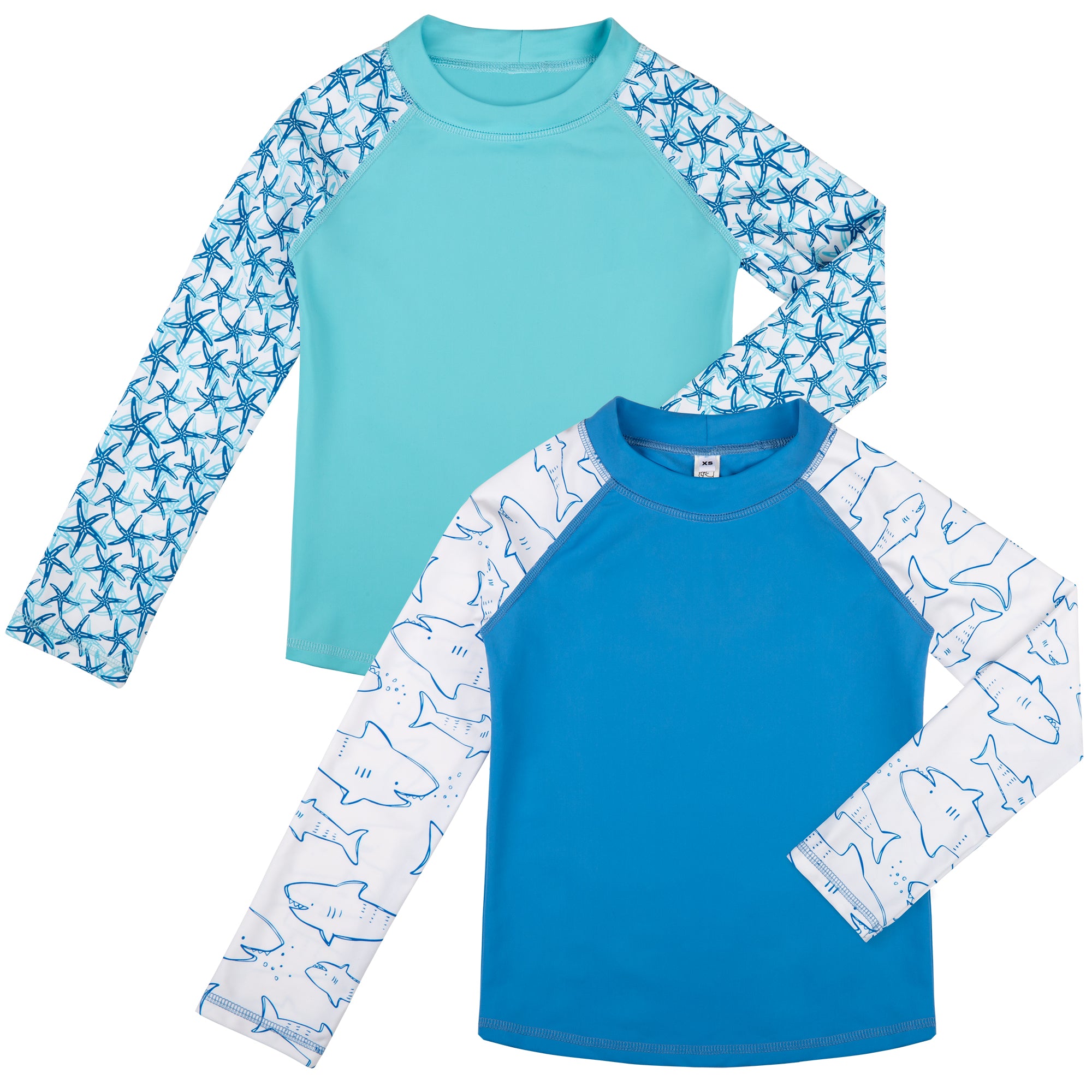 BIG EPHANT 2-Pack Kids' Long Sleeve Sun Shirts, UPF 50+ Print Rash Guard for Swimming & Surfing – Unisex Sizes XXS to M