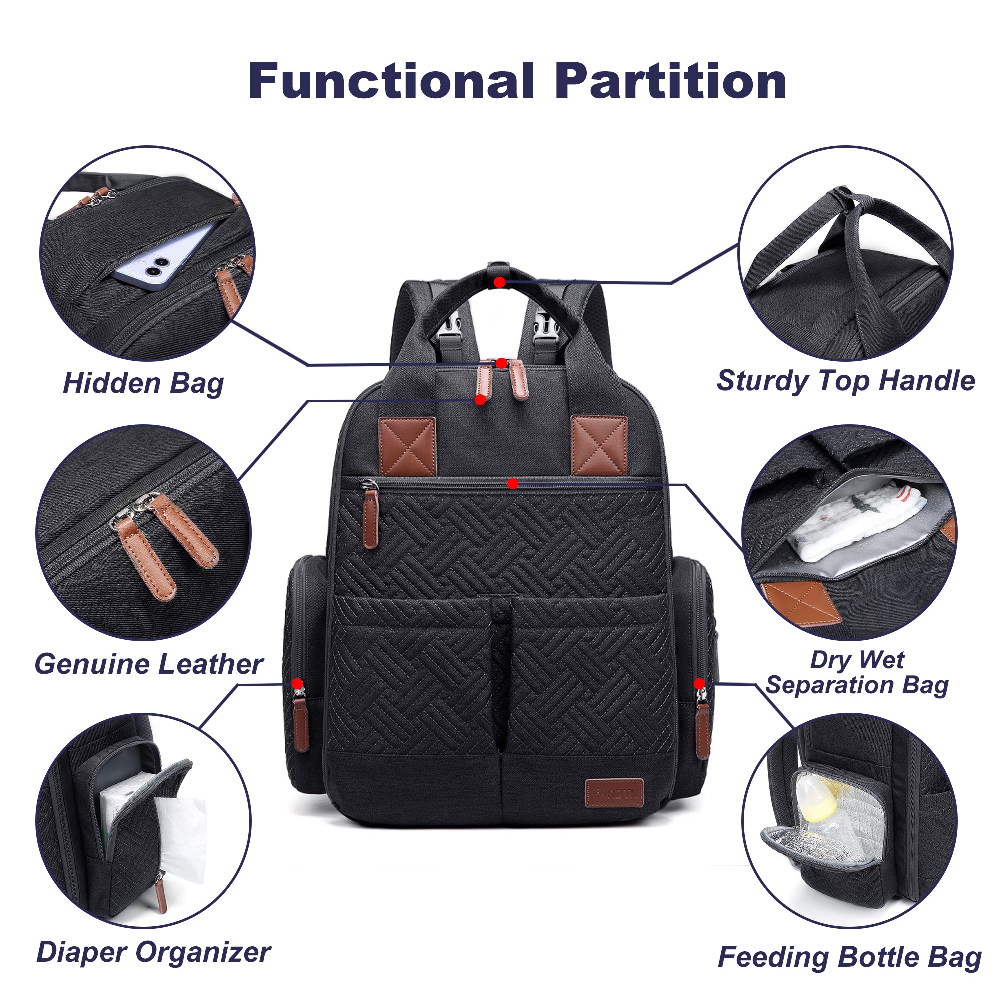 Waterproof Baby Diaper Bag Backpack, Maternity Nappy Bag with Dry & Wet Separation, 12x7x16 Inches