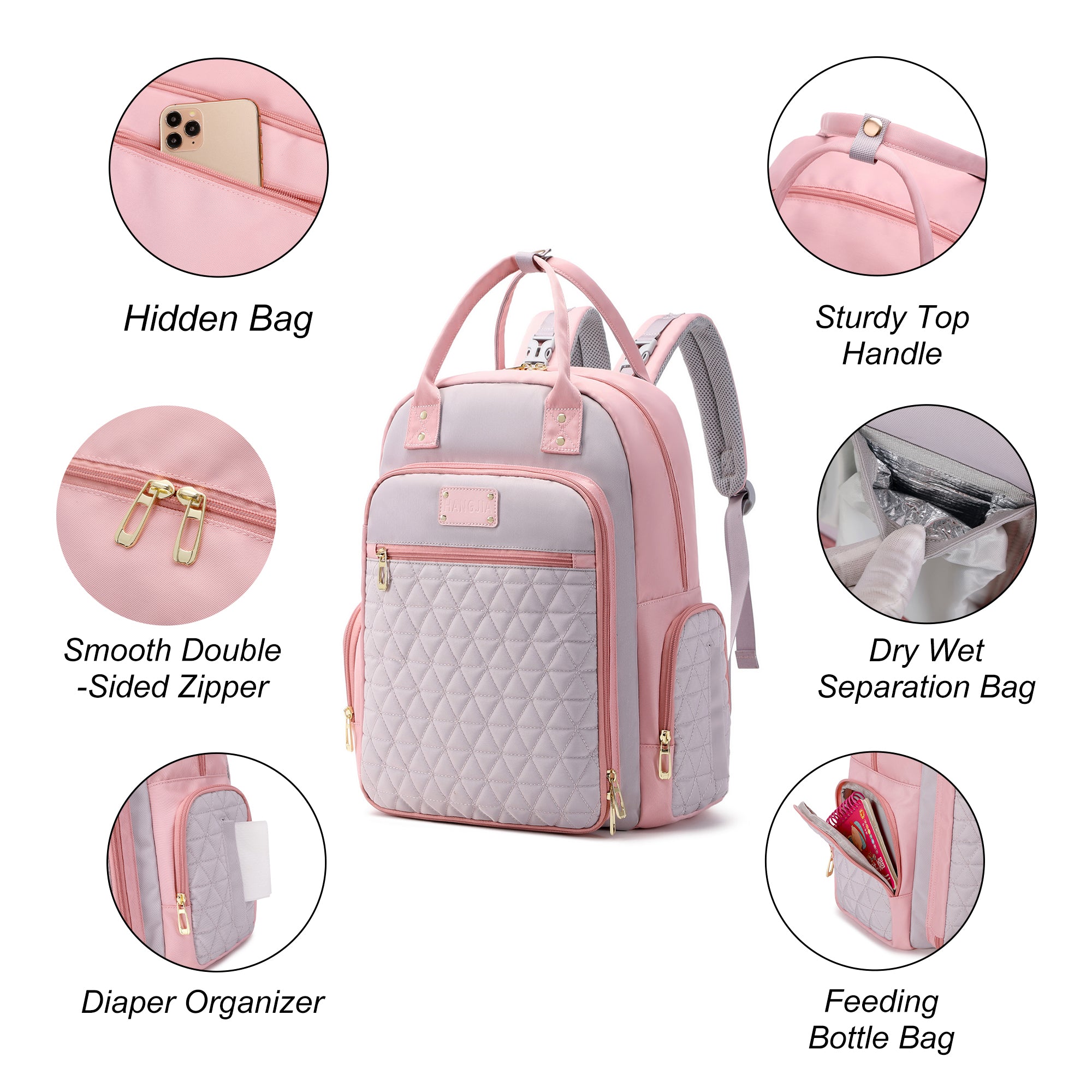 Multifunction Baby Diaper Bag Backpack, Travel Maternity Nappy Bag for Moms, 12x7x16 Inches