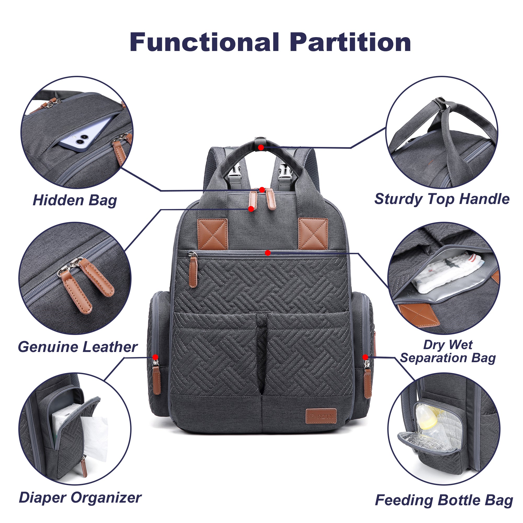 Waterproof Baby Diaper Bag Backpack, Maternity Nappy Bag with Dry & Wet Separation, 12x7x16 Inches