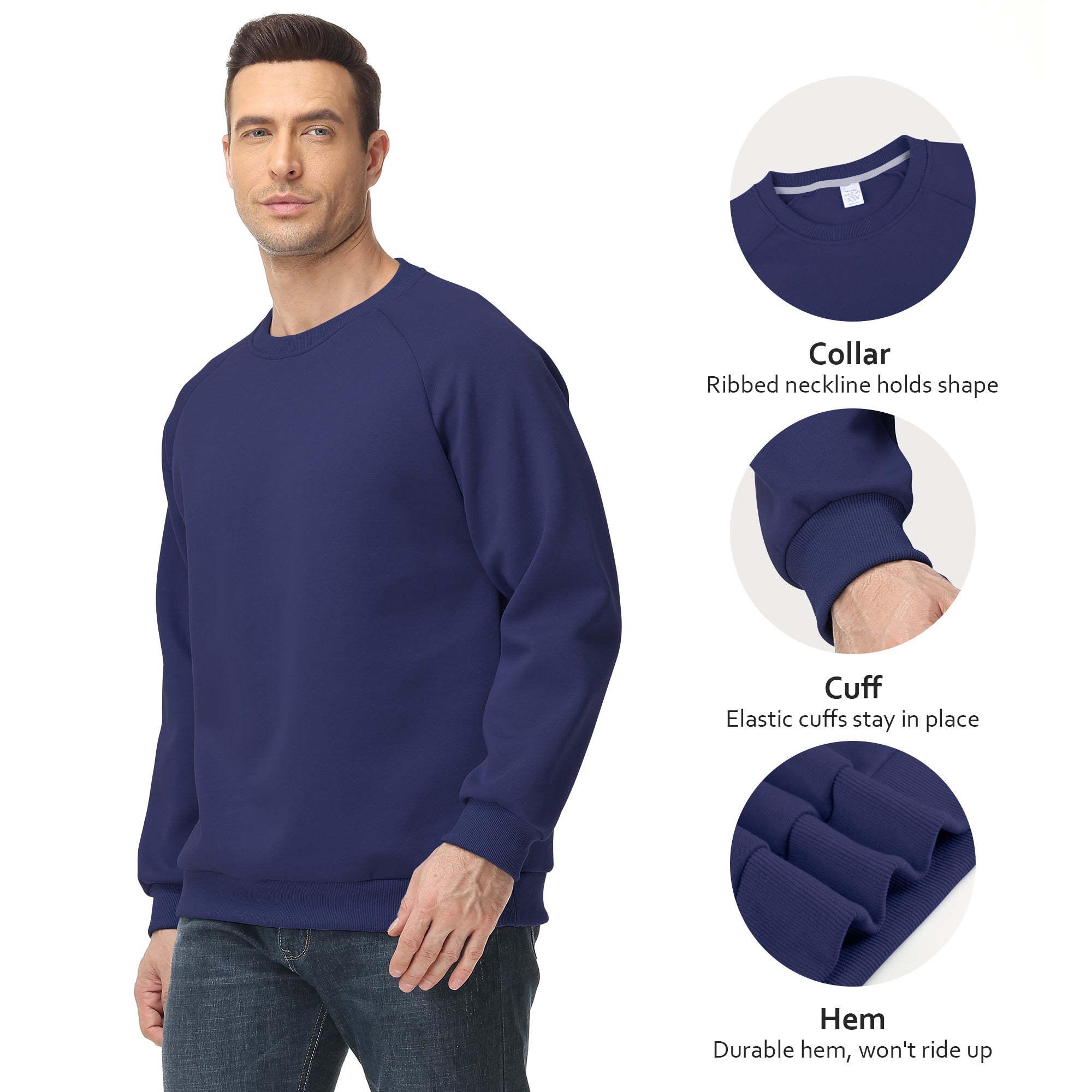 Men's 100% Cotton Crewneck Sweatshirt – Double-Layer Pullover for Comfort and Warmth, Solid Color Long Sleeve for Casual Wear