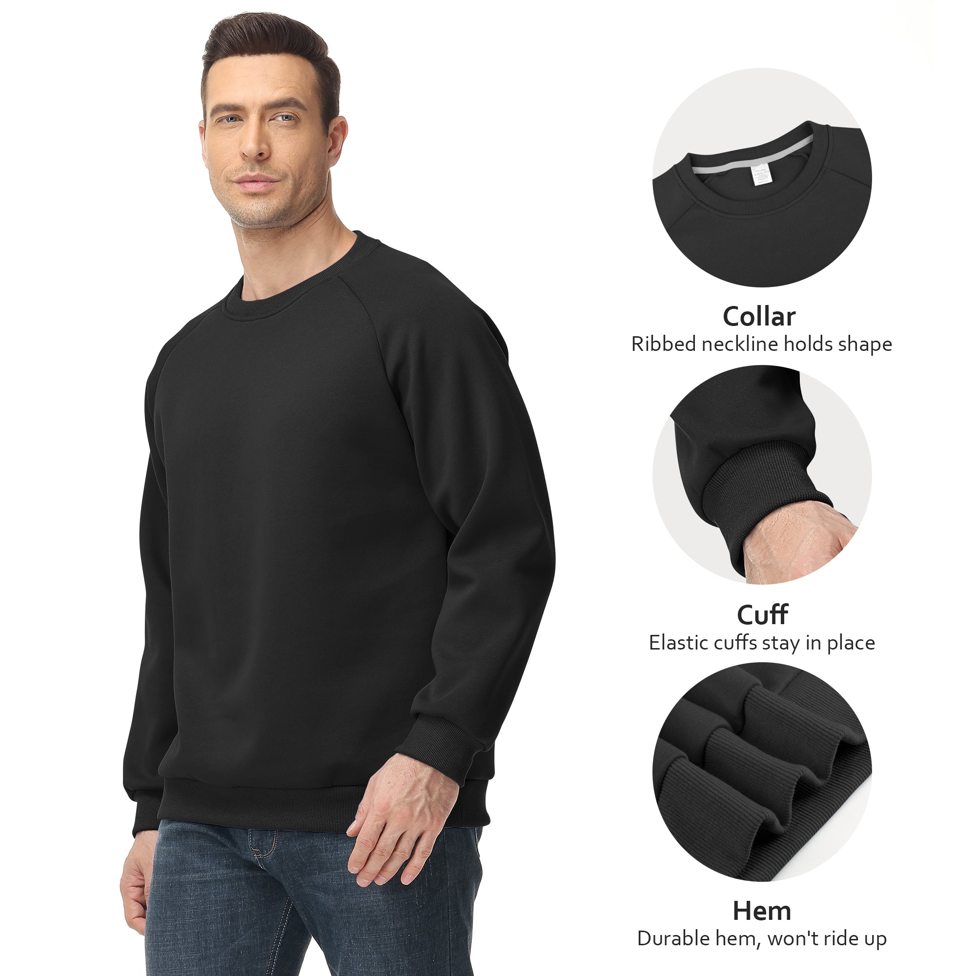 Men's 100% Cotton Crewneck Sweatshirt – Double-Layer Pullover for Comfort and Warmth, Solid Color Long Sleeve for Casual Wear