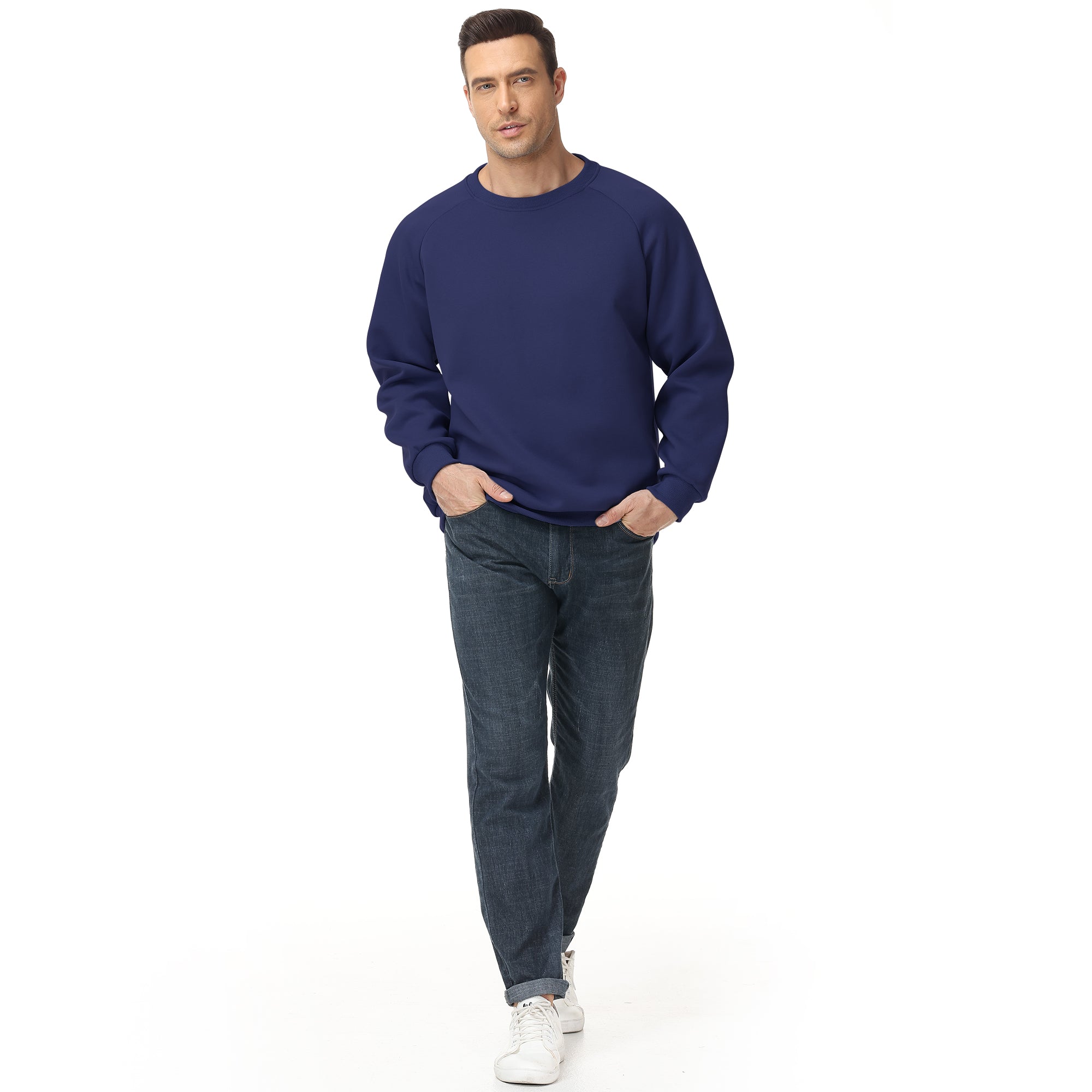 Men's 100% Cotton Crewneck Sweatshirt – Double-Layer Pullover for Comfort and Warmth, Solid Color Long Sleeve for Casual Wear