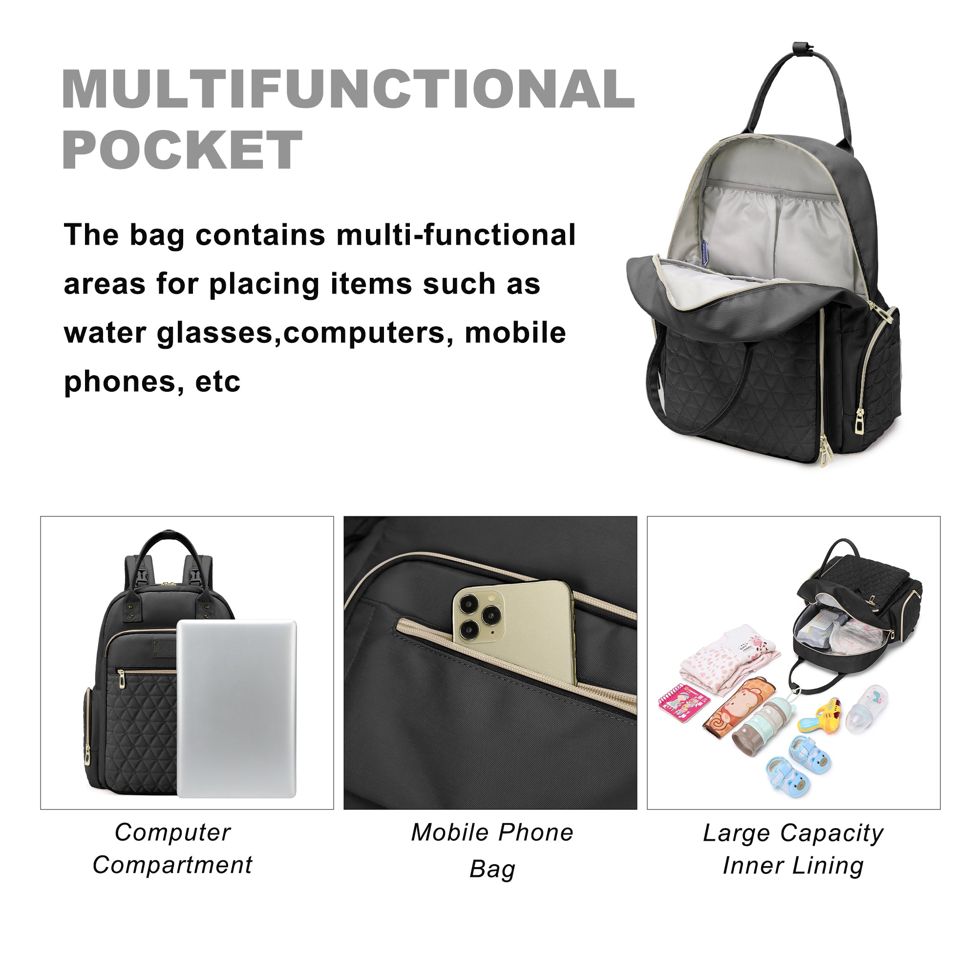 Multifunction Baby Diaper Bag Backpack, Travel Maternity Nappy Bag for Moms, 12x7x16 Inches