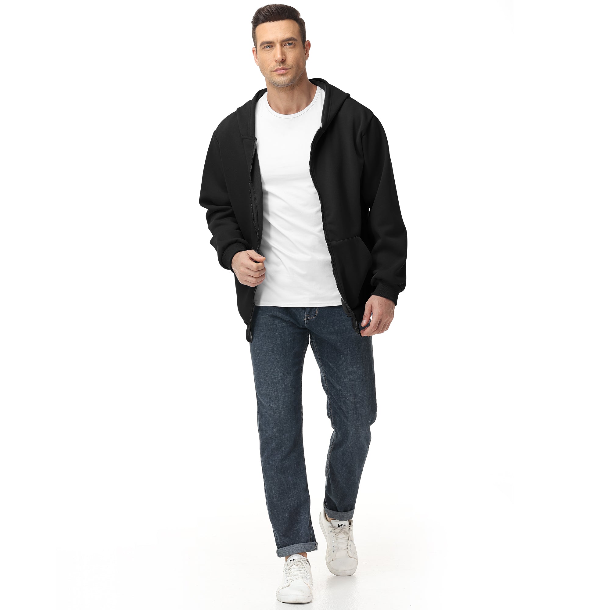 Men's Zip-Up Hoodie – 100% Cotton Fleece-Lined Sweatshirt with Pocket, Perfect for Daily Commuting and Outdoor Activities
