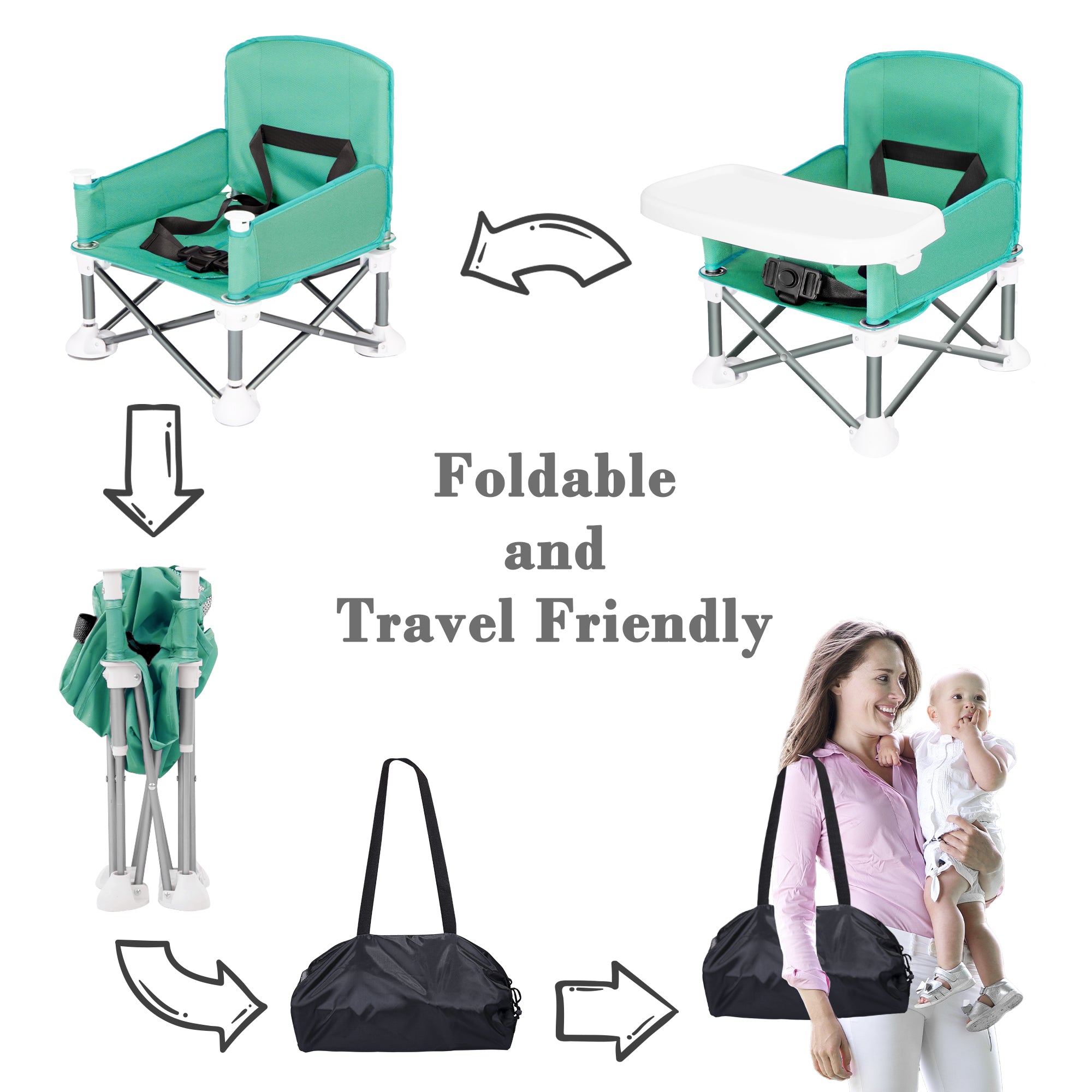 Portable Baby Travel Chair, Foldable Infant and Toddler Seat with Detachable Dining Tray, Unisex Design