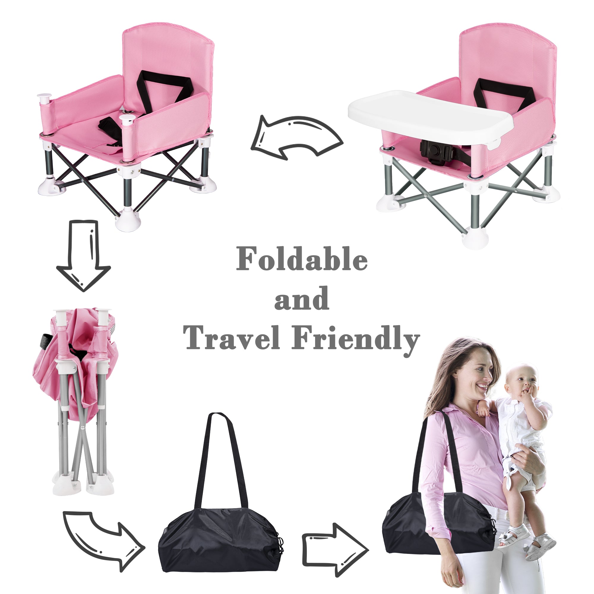 Portable Baby Travel Chair, Foldable Infant and Toddler Seat with Detachable Dining Tray, Unisex Design