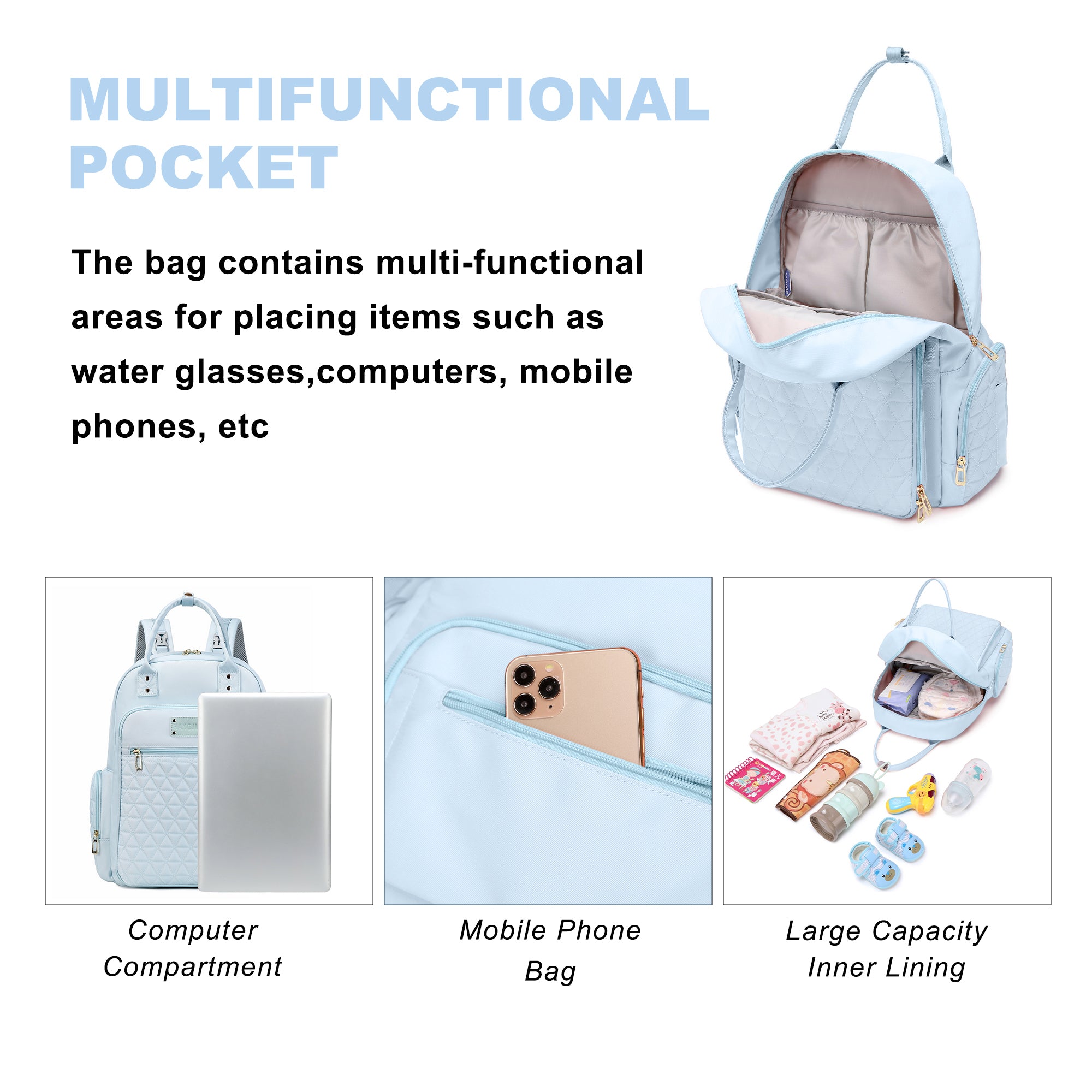 Multifunction Baby Diaper Bag Backpack, Travel Maternity Nappy Bag for Moms, 12x7x16 Inches