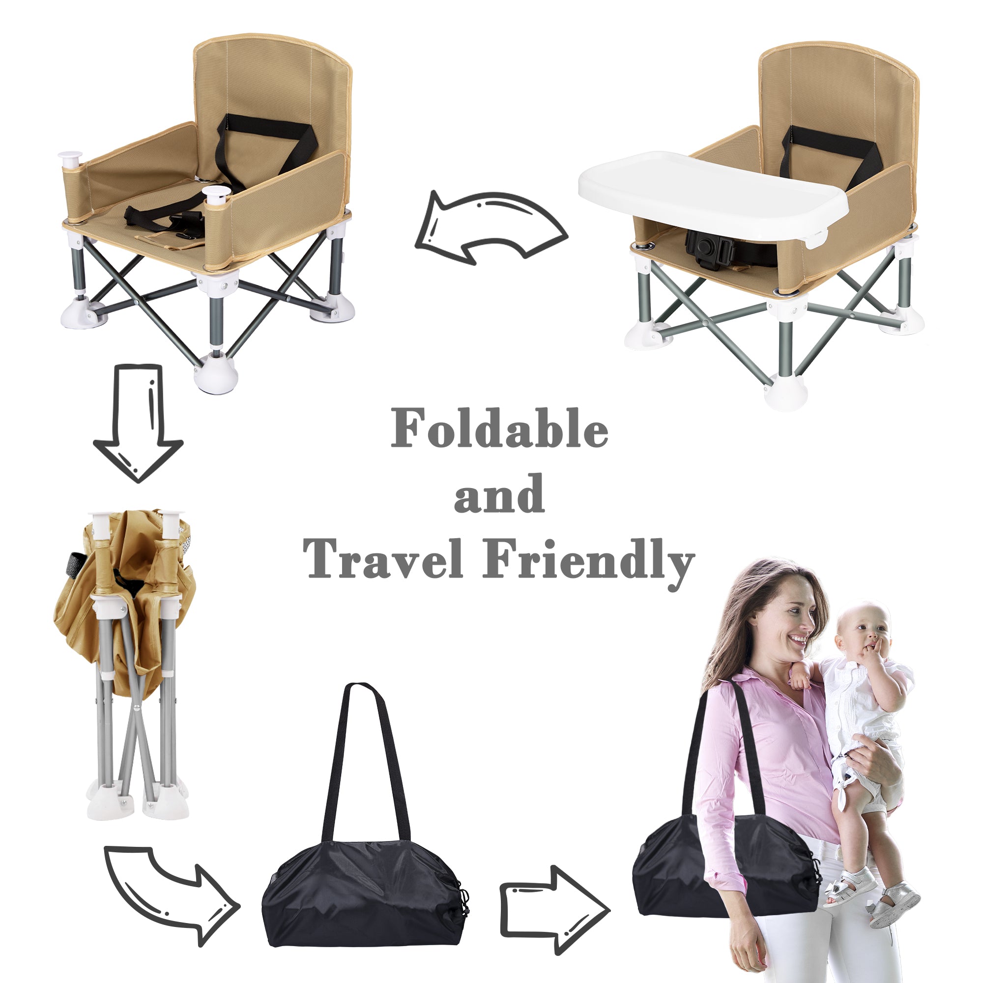 Portable Baby Travel Chair, Foldable Infant and Toddler Seat with Detachable Dining Tray, Unisex Design