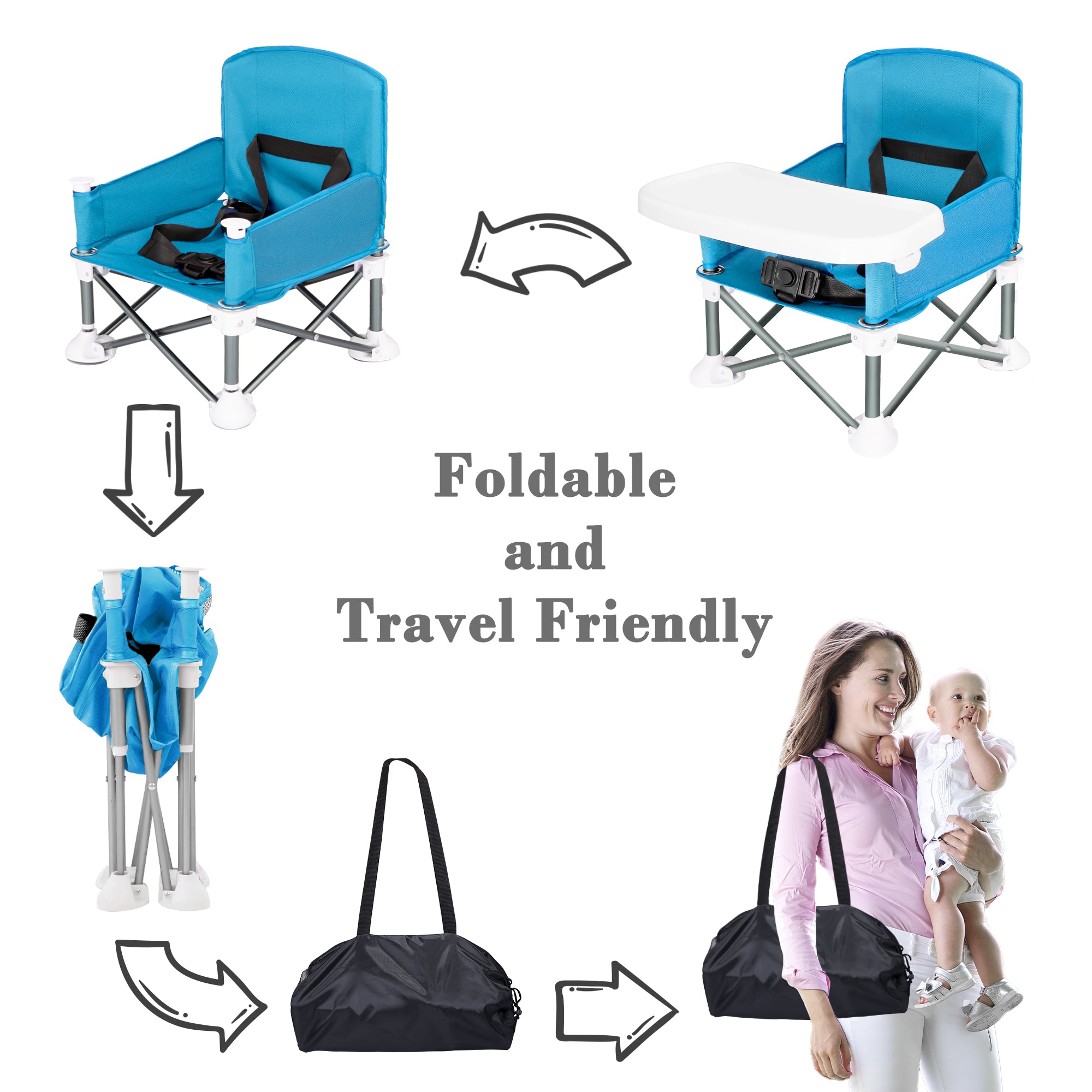 Portable Baby Travel Chair, Foldable Infant and Toddler Seat with Detachable Dining Tray, Unisex Design