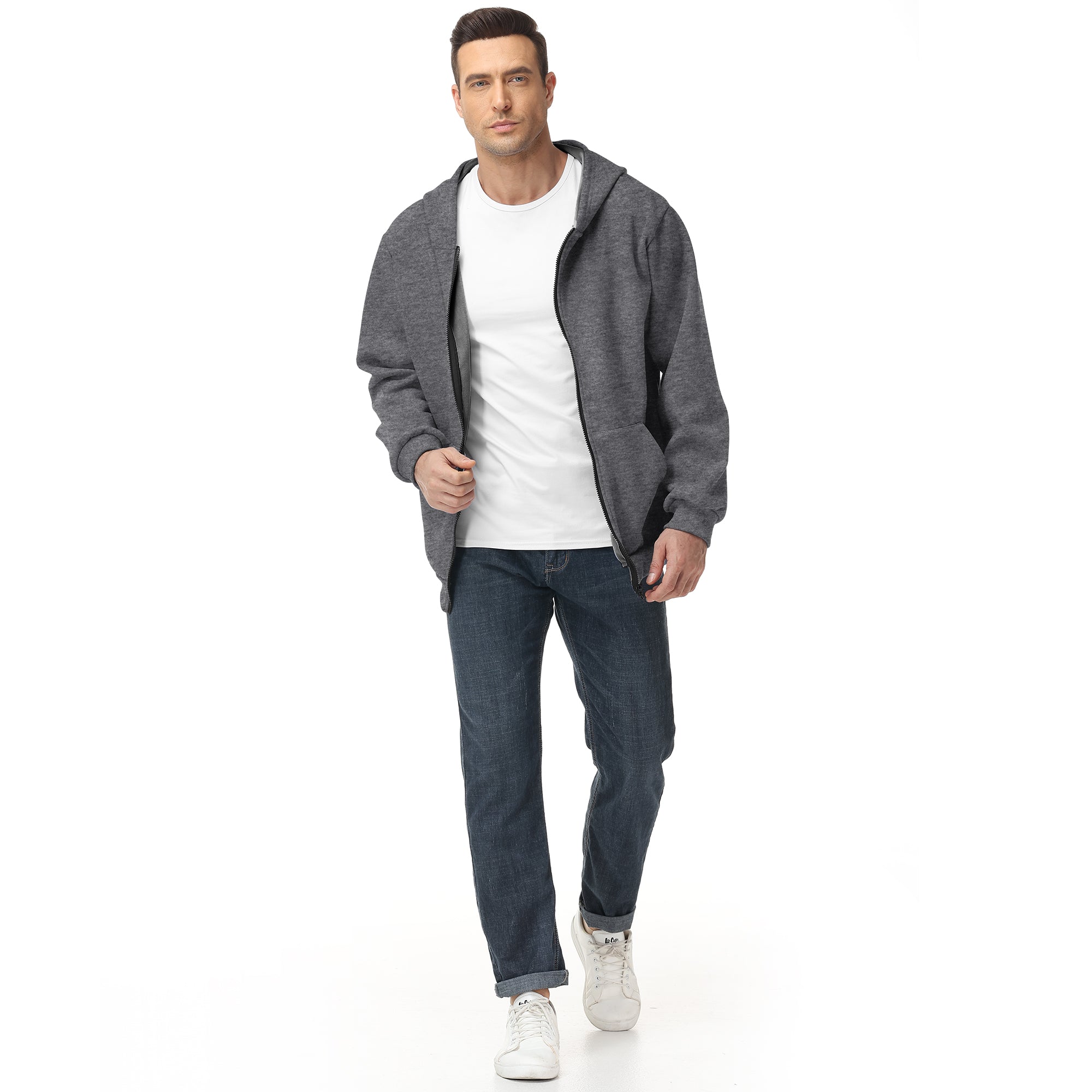 Men's Zip-Up Hoodie – 100% Cotton Fleece-Lined Sweatshirt with Pocket, Perfect for Daily Commuting and Outdoor Activities