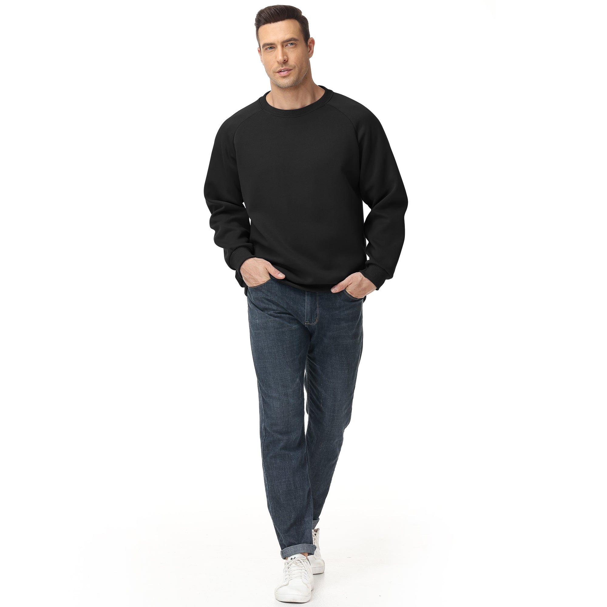 Men's 100% Cotton Crewneck Sweatshirt – Double-Layer Pullover for Comfort and Warmth, Solid Color Long Sleeve for Casual Wear