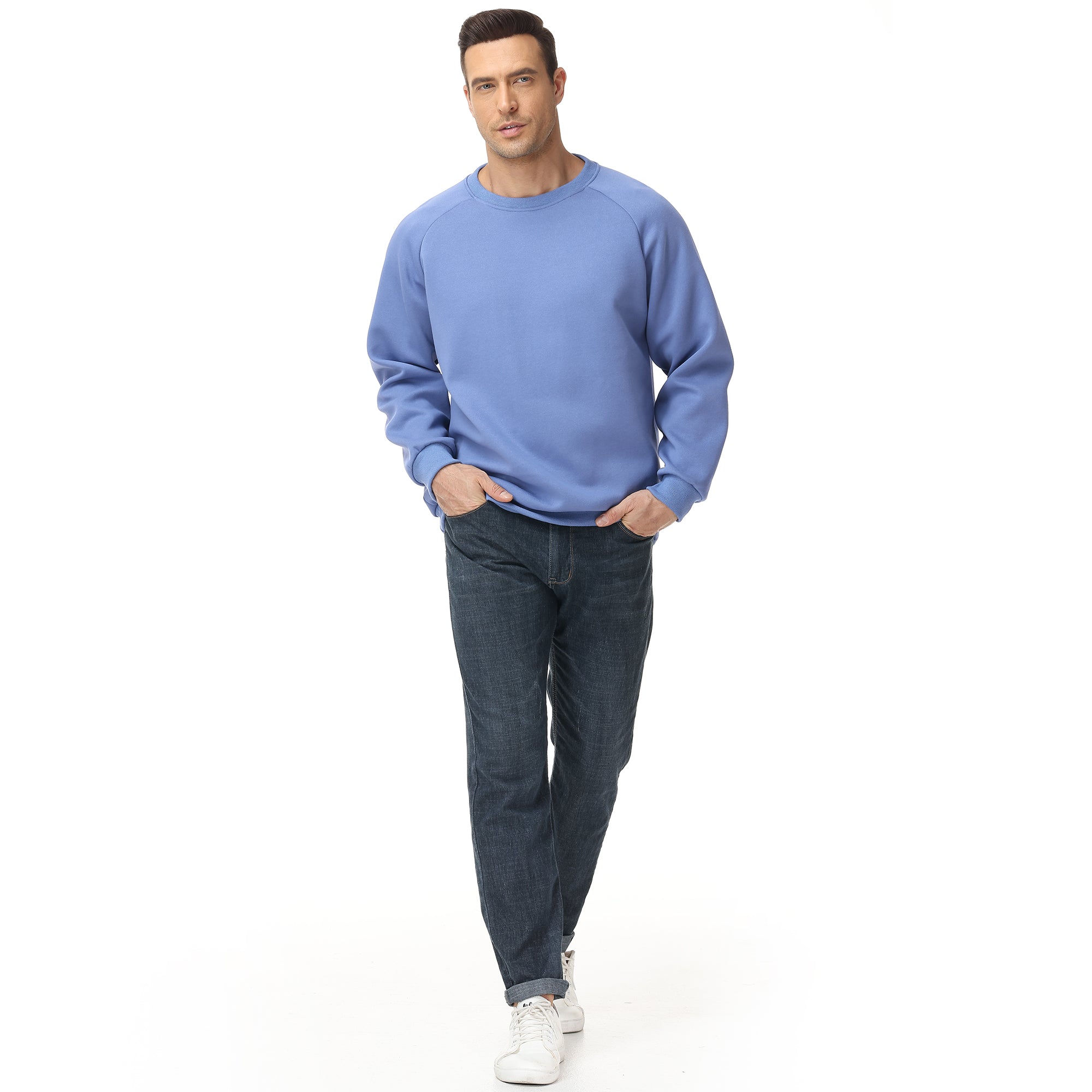 Men's 100% Cotton Crewneck Sweatshirt – Double-Layer Pullover for Comfort and Warmth, Solid Color Long Sleeve for Casual Wear
