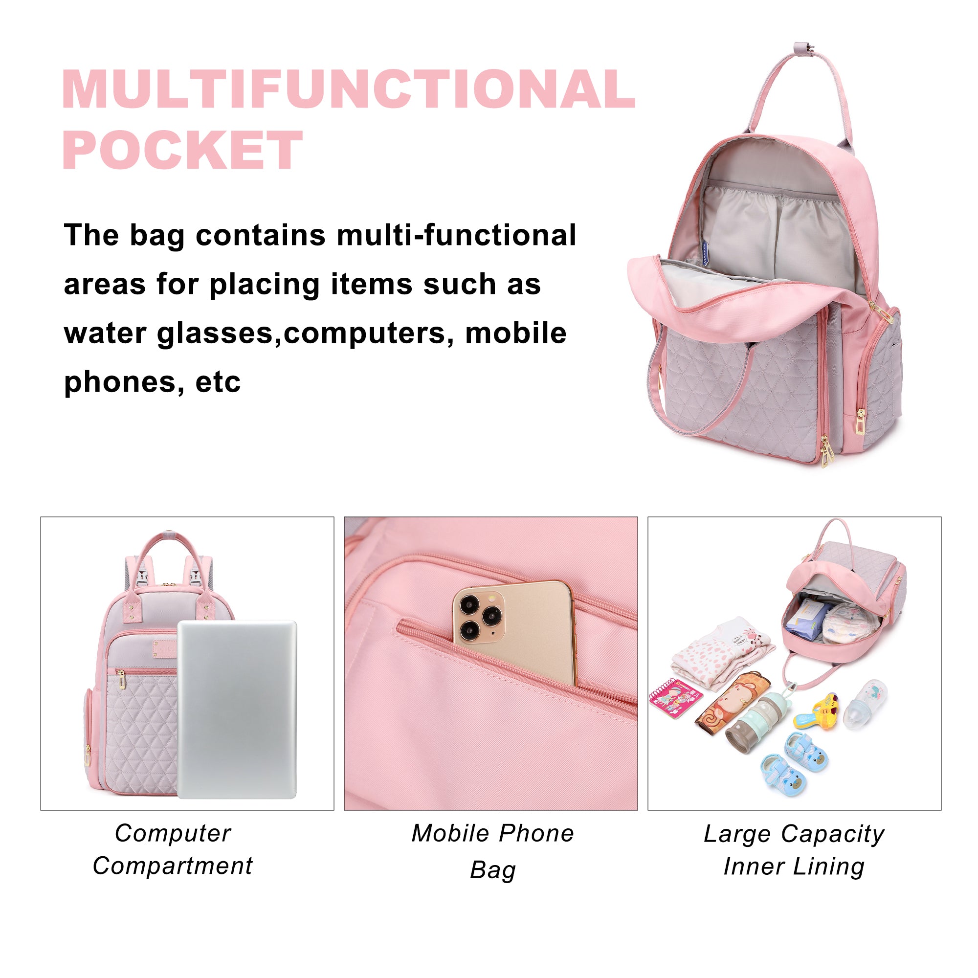 Multifunction Baby Diaper Bag Backpack, Travel Maternity Nappy Bag for Moms, 12x7x16 Inches