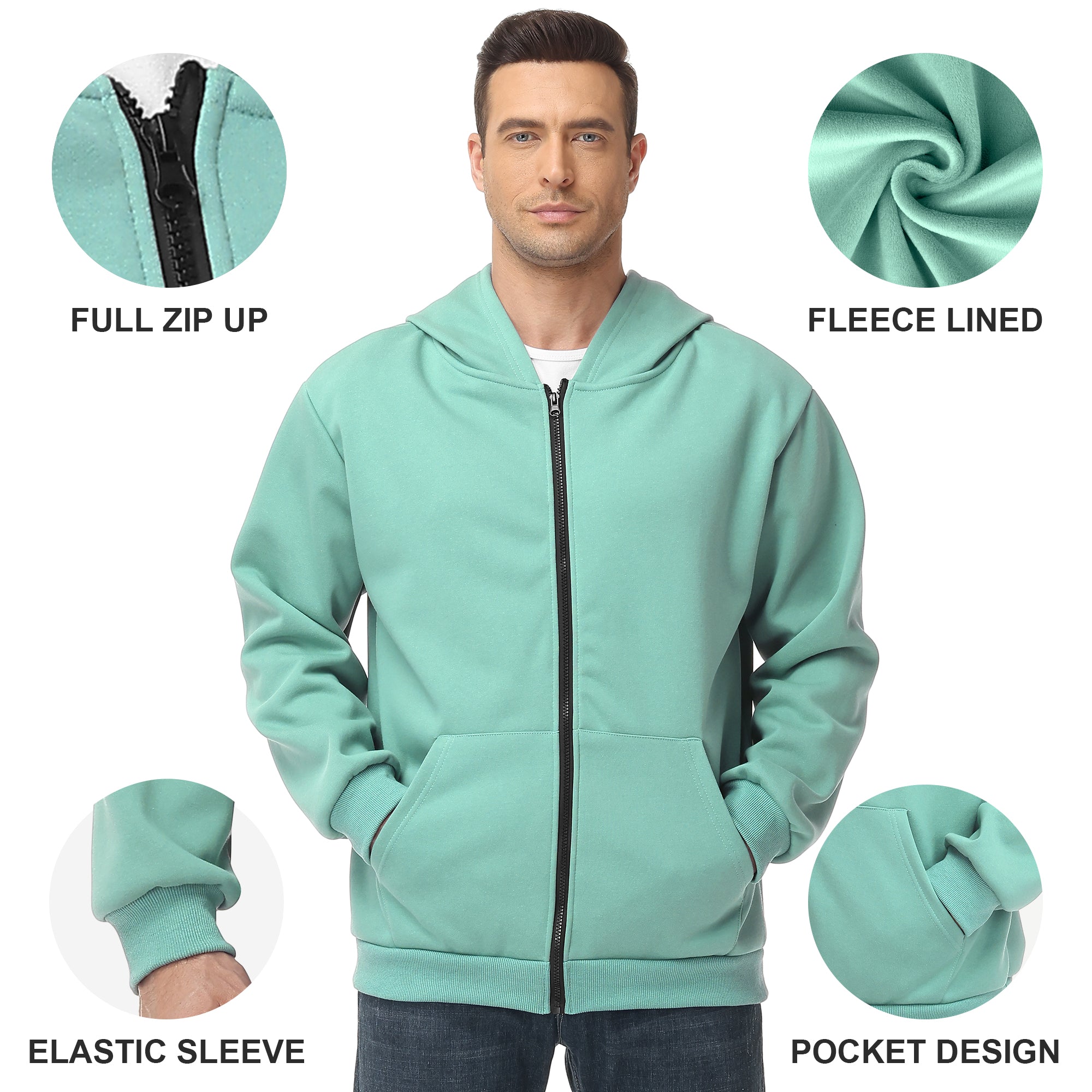Men's Zip-Up Hoodie – 100% Cotton Fleece-Lined Sweatshirt with Pocket, Perfect for Daily Commuting and Outdoor Activities