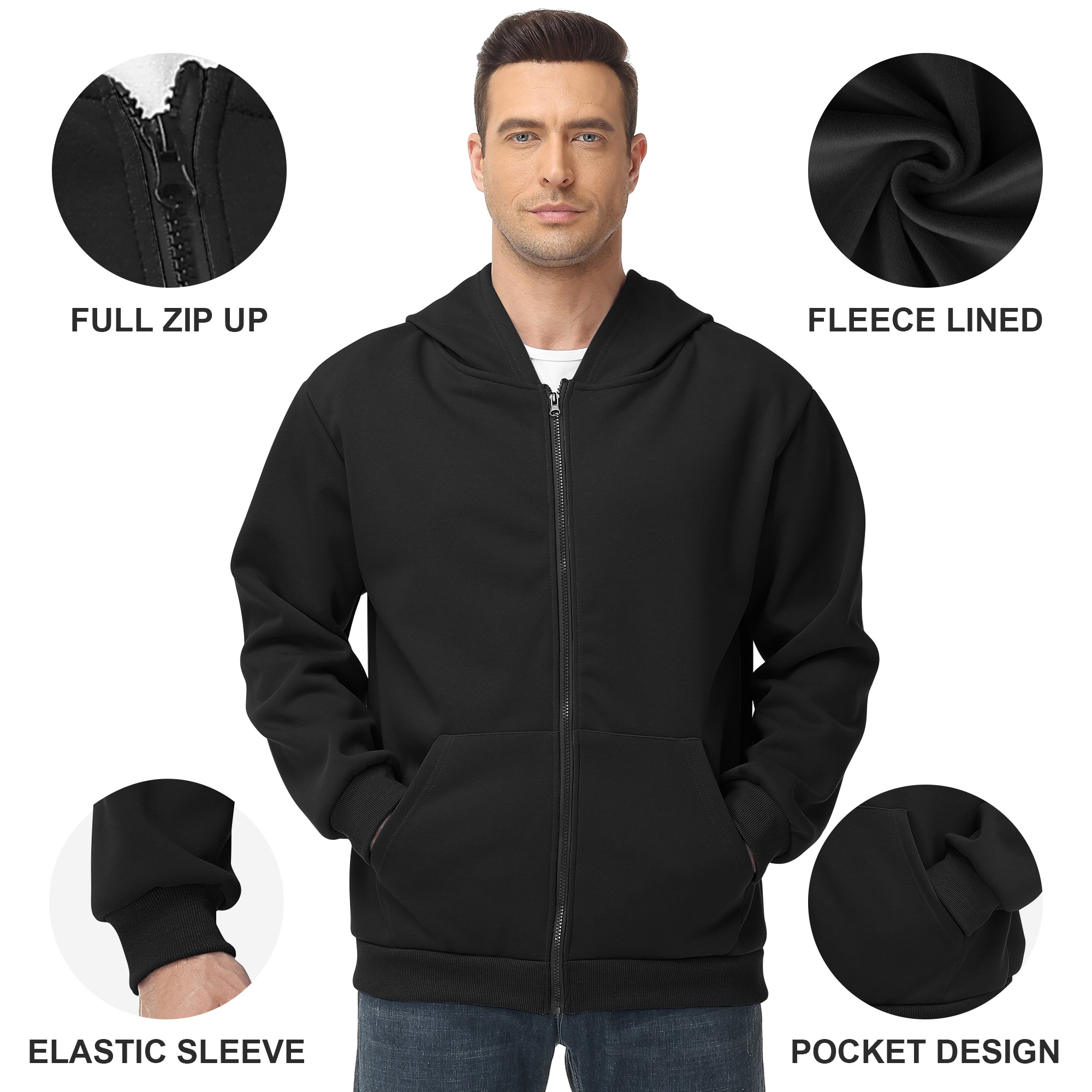 Men's Zip-Up Hoodie – 100% Cotton Fleece-Lined Sweatshirt with Pocket, Perfect for Daily Commuting and Outdoor Activities