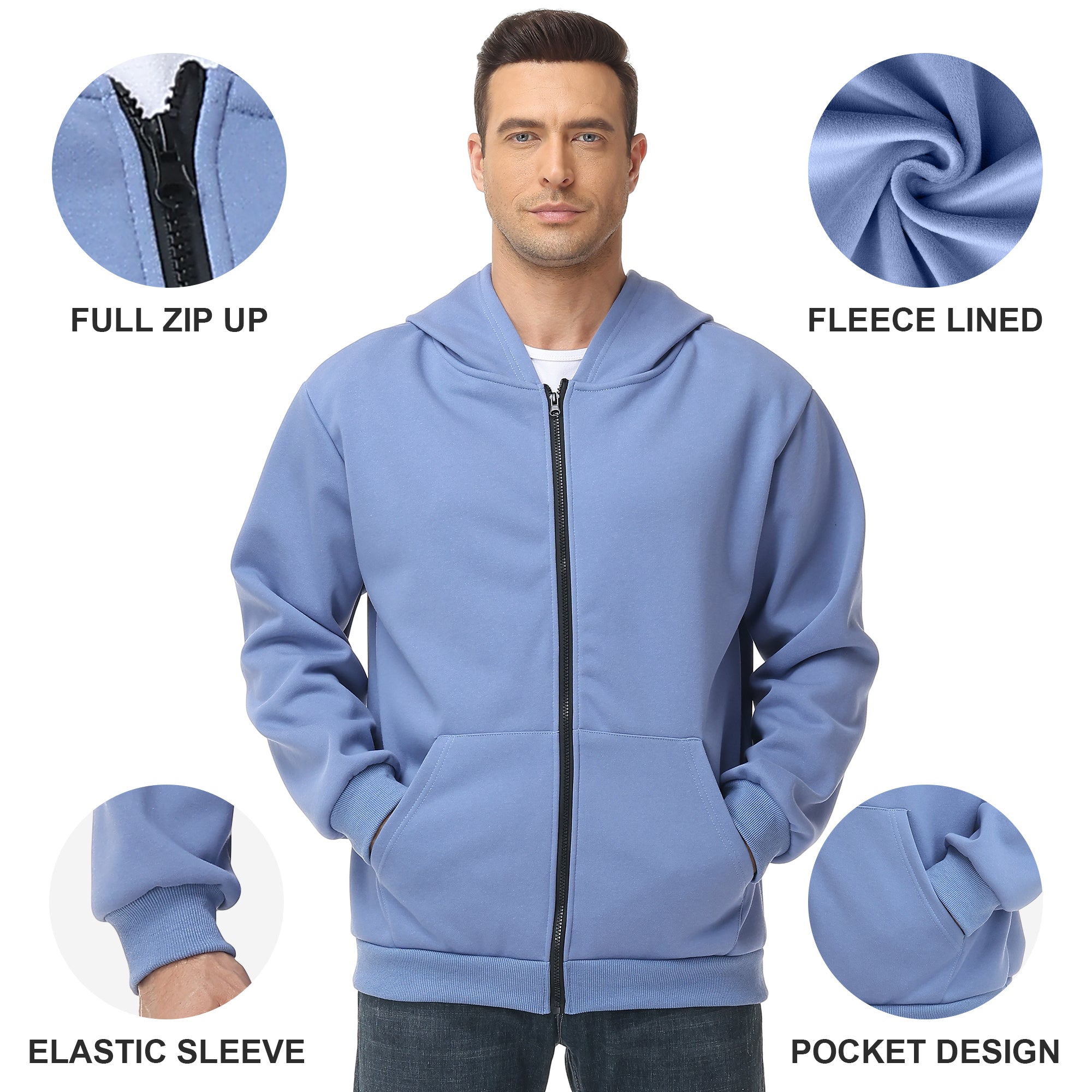 Men's Zip-Up Hoodie – 100% Cotton Fleece-Lined Sweatshirt with Pocket, Perfect for Daily Commuting and Outdoor Activities