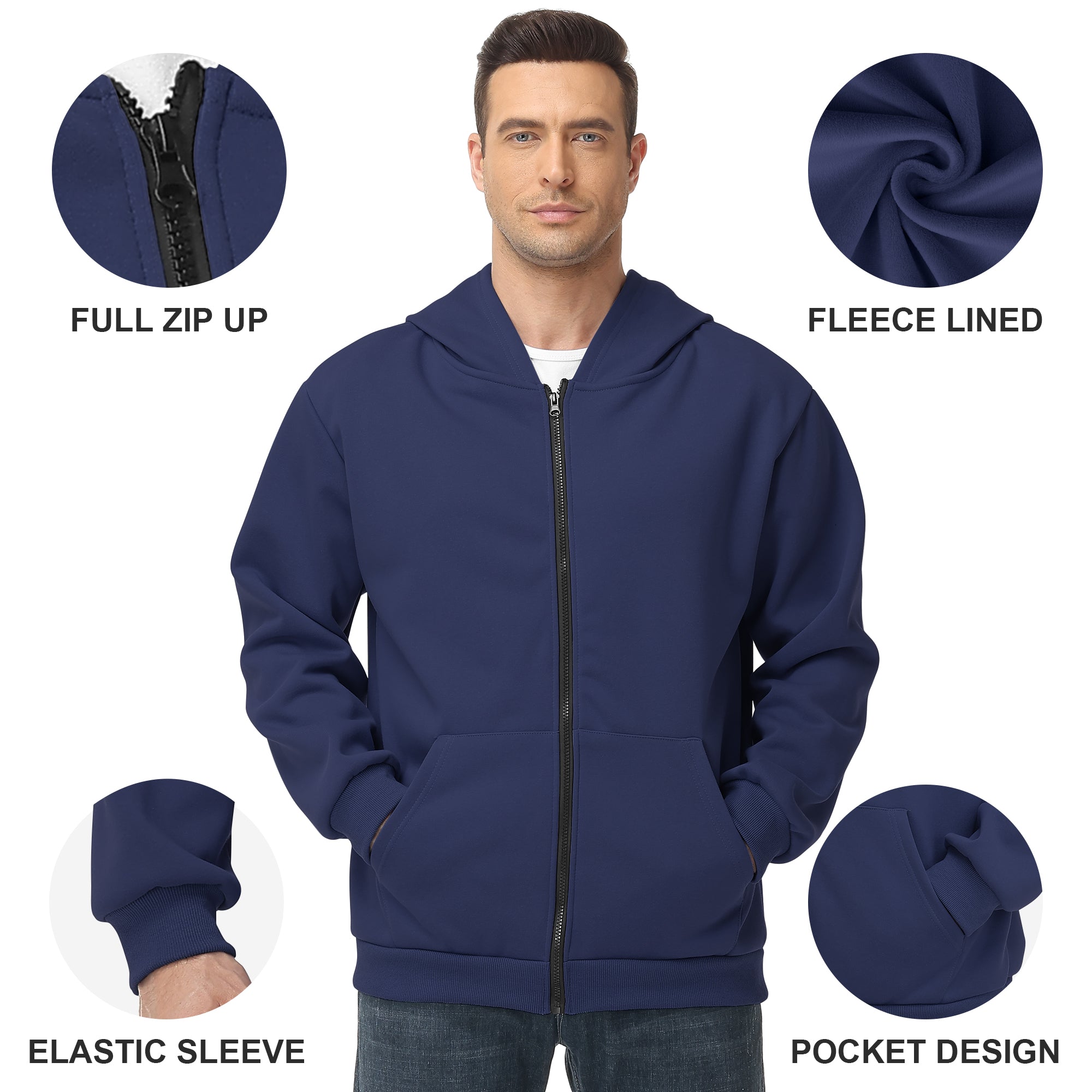 Men's Zip-Up Hoodie – 100% Cotton Fleece-Lined Sweatshirt with Pocket, Perfect for Daily Commuting and Outdoor Activities