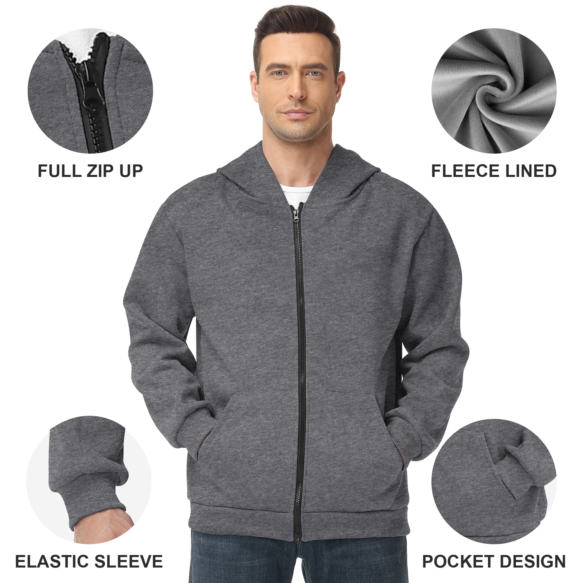 Men's Zip-Up Hoodie – 100% Cotton Fleece-Lined Sweatshirt with Pocket, Perfect for Daily Commuting and Outdoor Activities