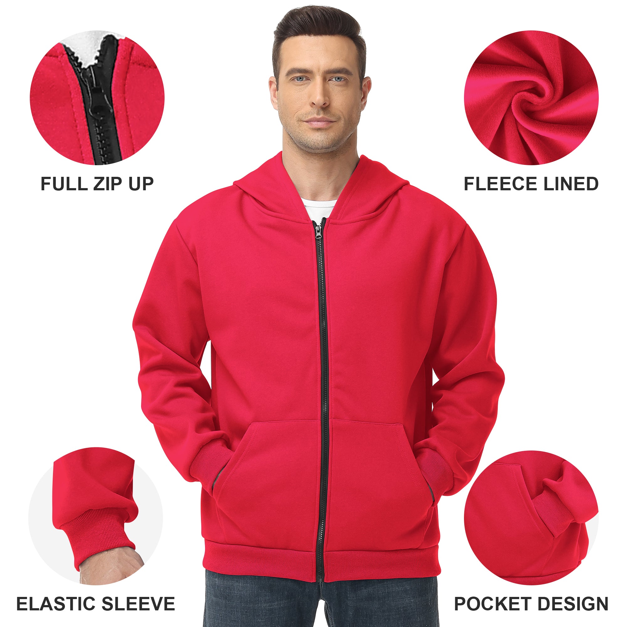 Men's Zip-Up Hoodie – 100% Cotton Fleece-Lined Sweatshirt with Pocket, Perfect for Daily Commuting and Outdoor Activities