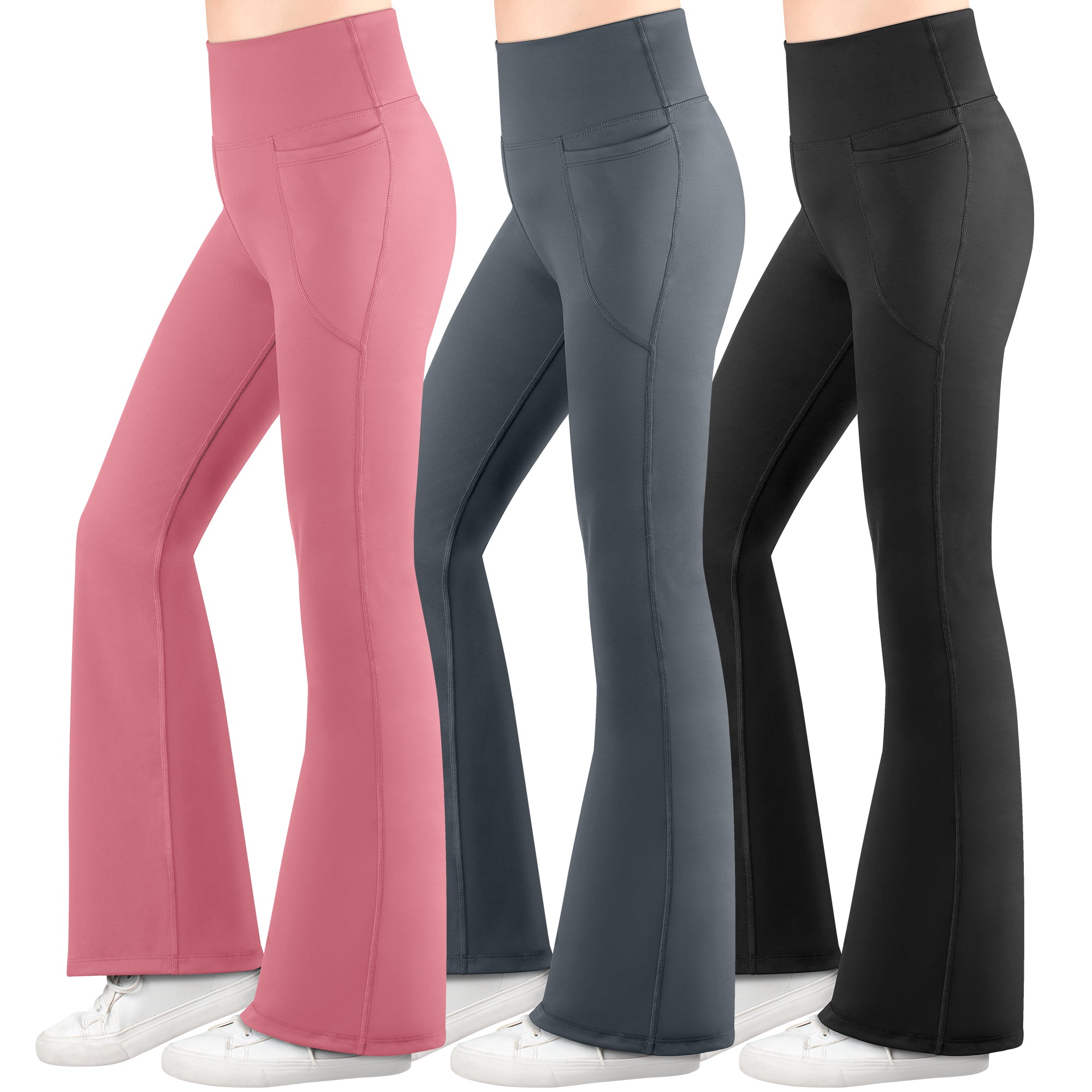 BIG ELEPHANT 3-Pack Girls’ Flared Pants with Pockets – High Waisted Bell Bottom Leggings for School, Dance & Everyday Wear