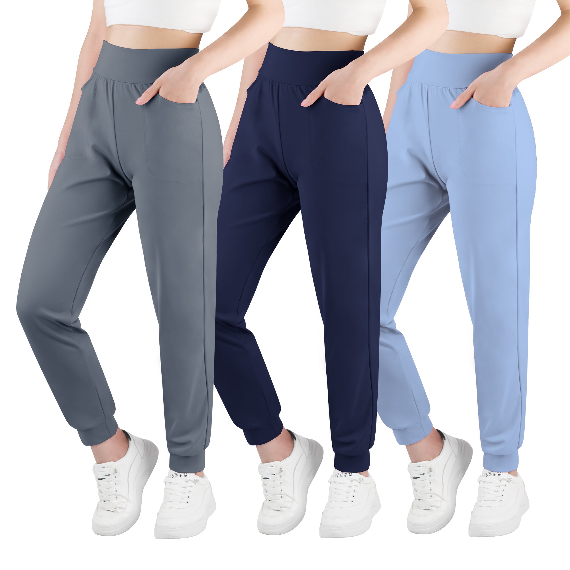 BIG ELEPHANT 3-Pack Girls’ High Waist Jogger Pants with Pockets –Kids Athletic Sweatpants for Running, Yoga, and Everyday Wear, XS-XL