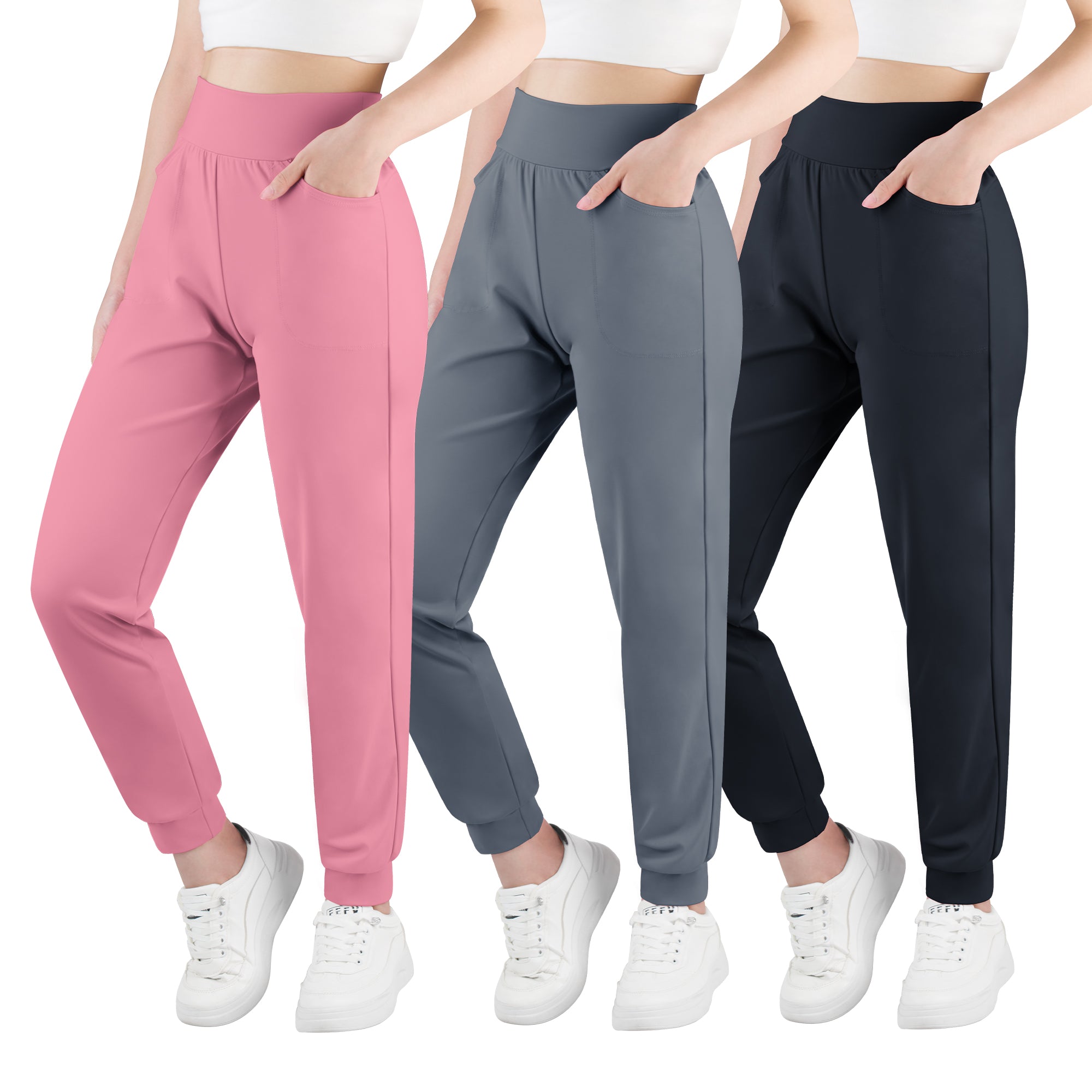 BIG ELEPHANT 3-Pack Girls’ High Waist Jogger Pants with Pockets –Kids Athletic Sweatpants for Running, Yoga, and Everyday Wear, XS-XL