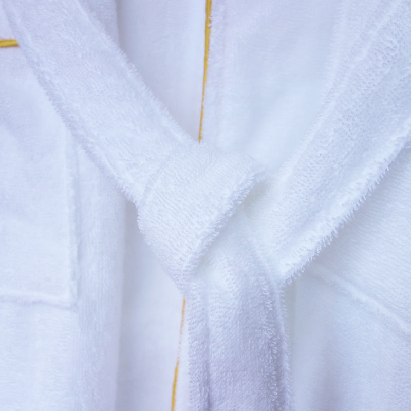 Close-up of bathrobe collar and knotted tie belt
